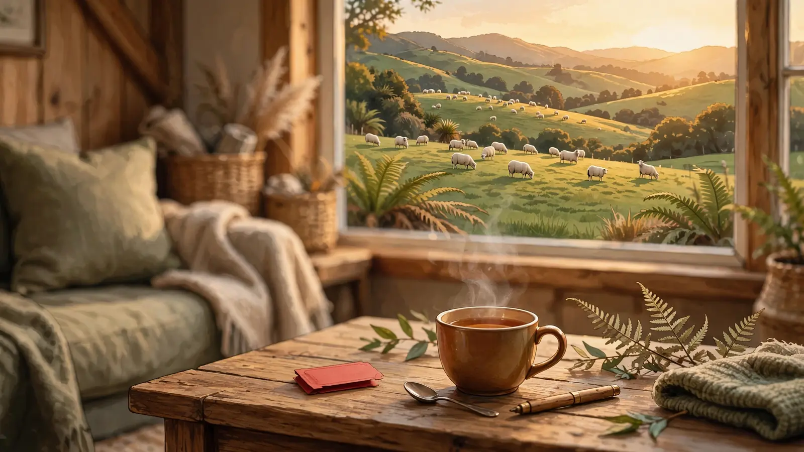 Cozy New Zealand living room featuring a Keno ticket on a coffee table at golden hour.