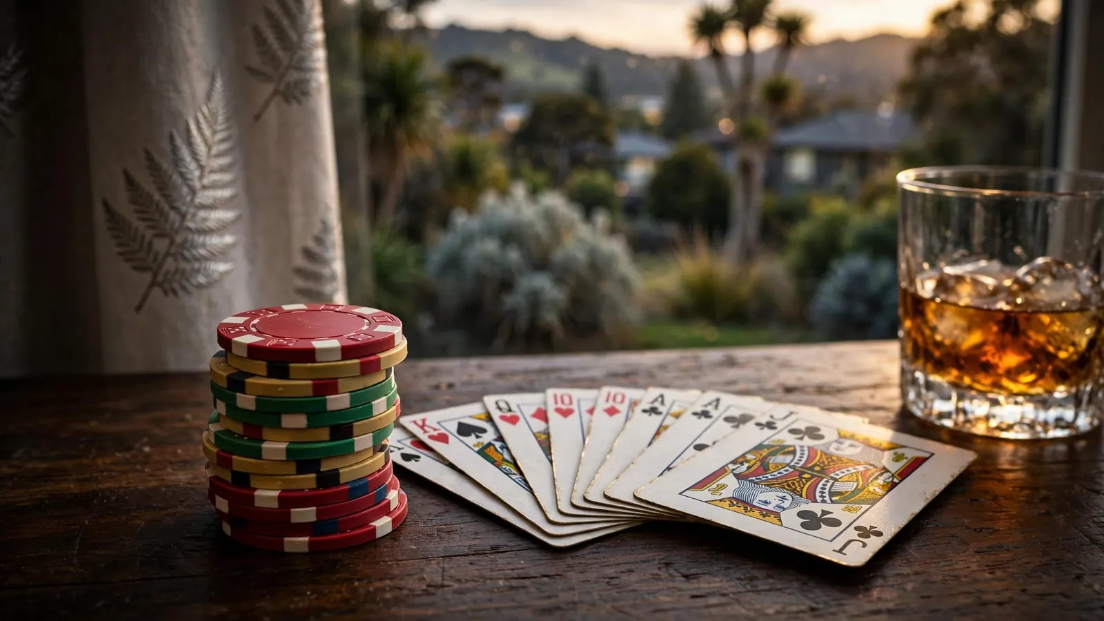 Casino chips and playing cards on a table with New Zealand fern decor