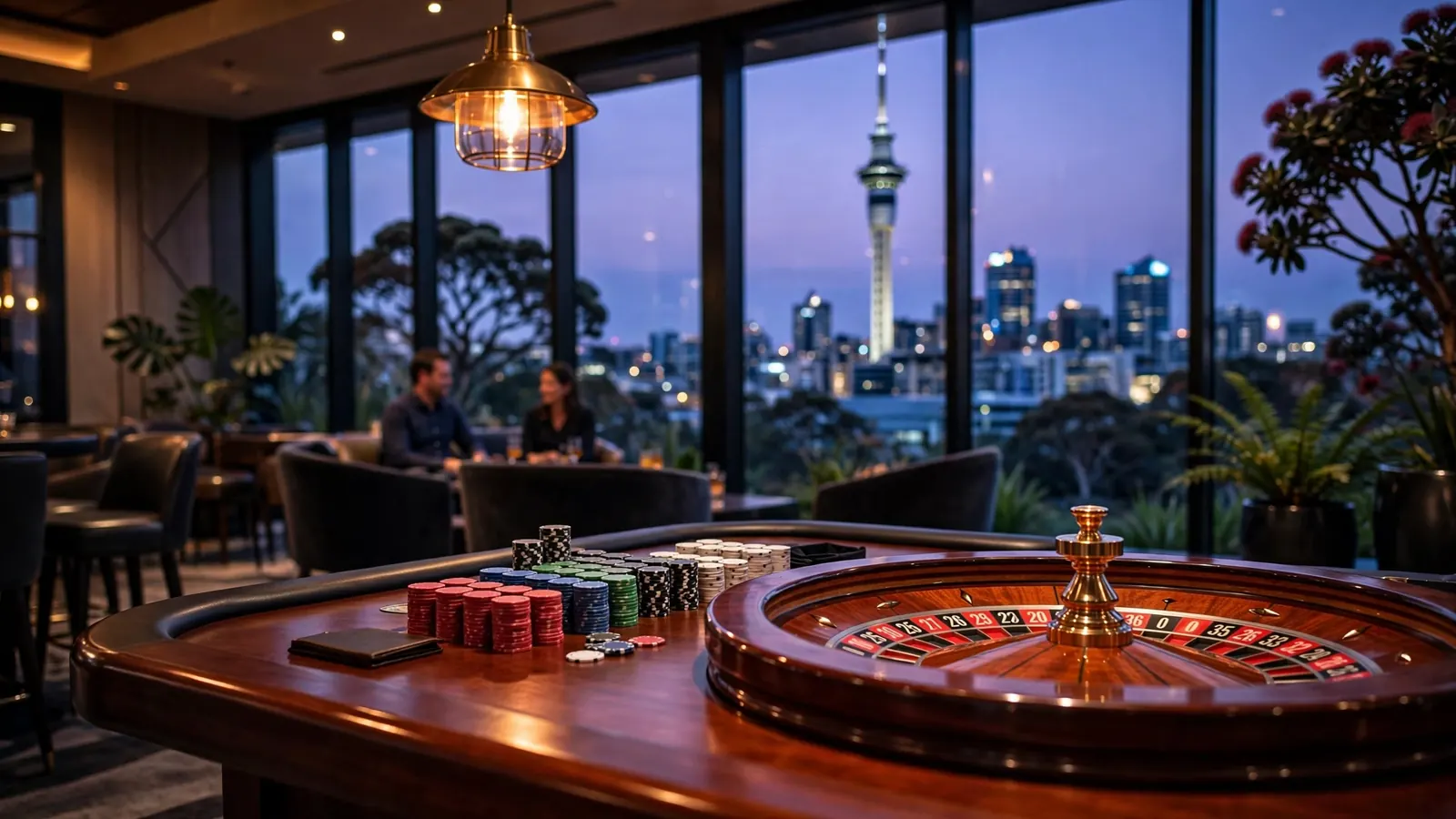 Luxury casino table with chips and roulette wheel overlooking Auckland Sky Tower at dusk