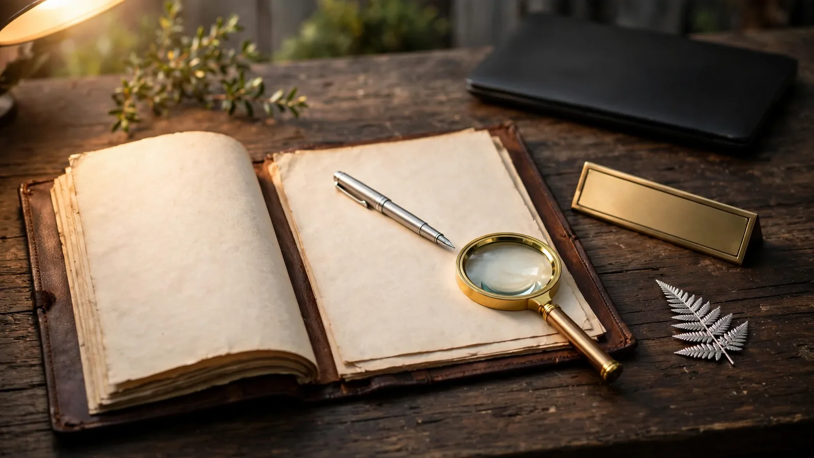 Legal publisher documents on a wooden desk with a fountain pen and magnifying glass.