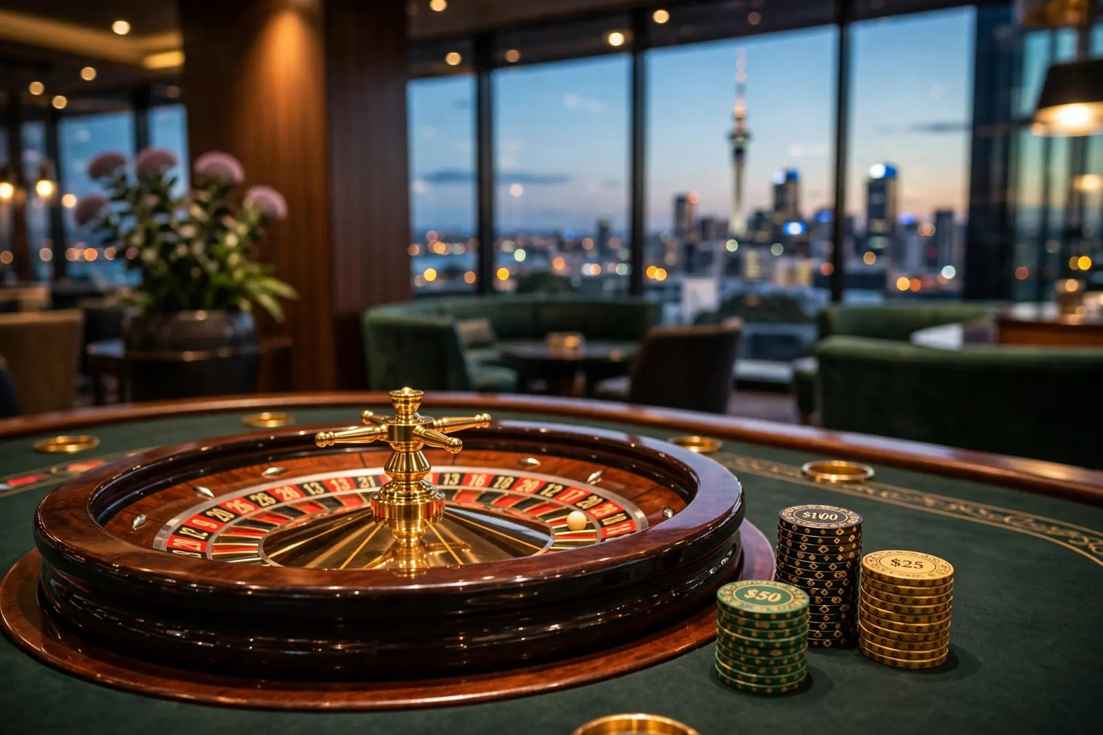 Elegant roulette wheel on a casino table with Auckland skyline in the background