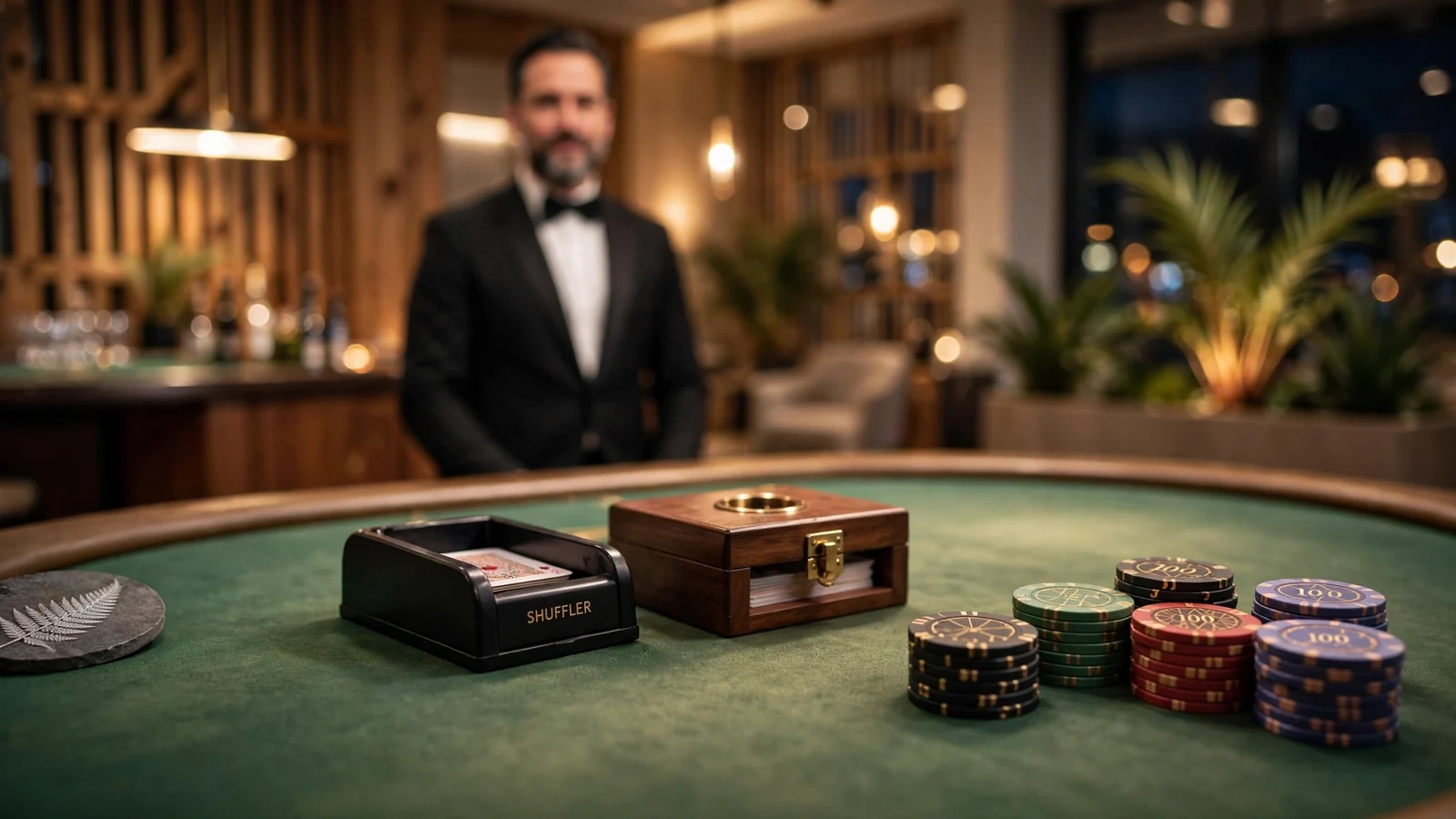 Elegant live baccarat table with chips and dealer, New Zealand accent