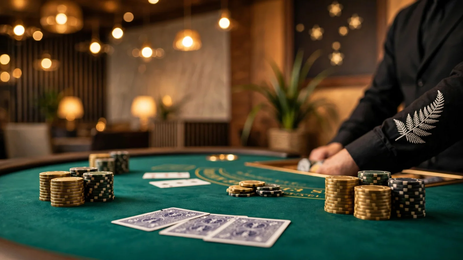 Live blackjack table with chips, cards and dealer in golden-lit casino studio with subtle New Zealand elements.