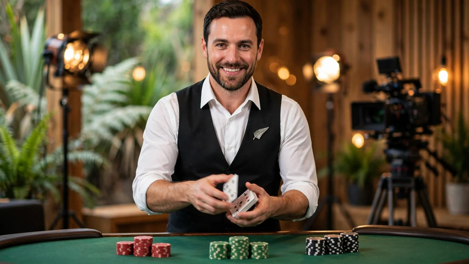 Professional dealer shuffling cards at a live blackjack studio table