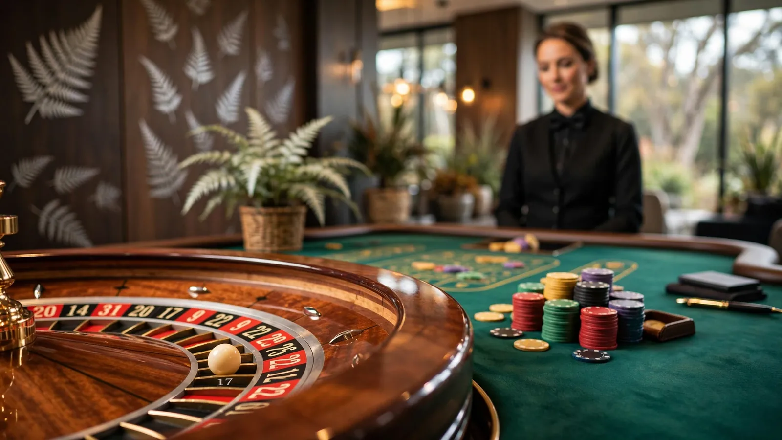 Elegant live roulette studio with wheel and chips, New Zealand themed.
