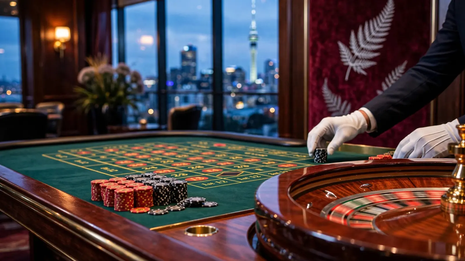 Professional live roulette studio in New Zealand with spinning wheel and croupier's gloved hands.