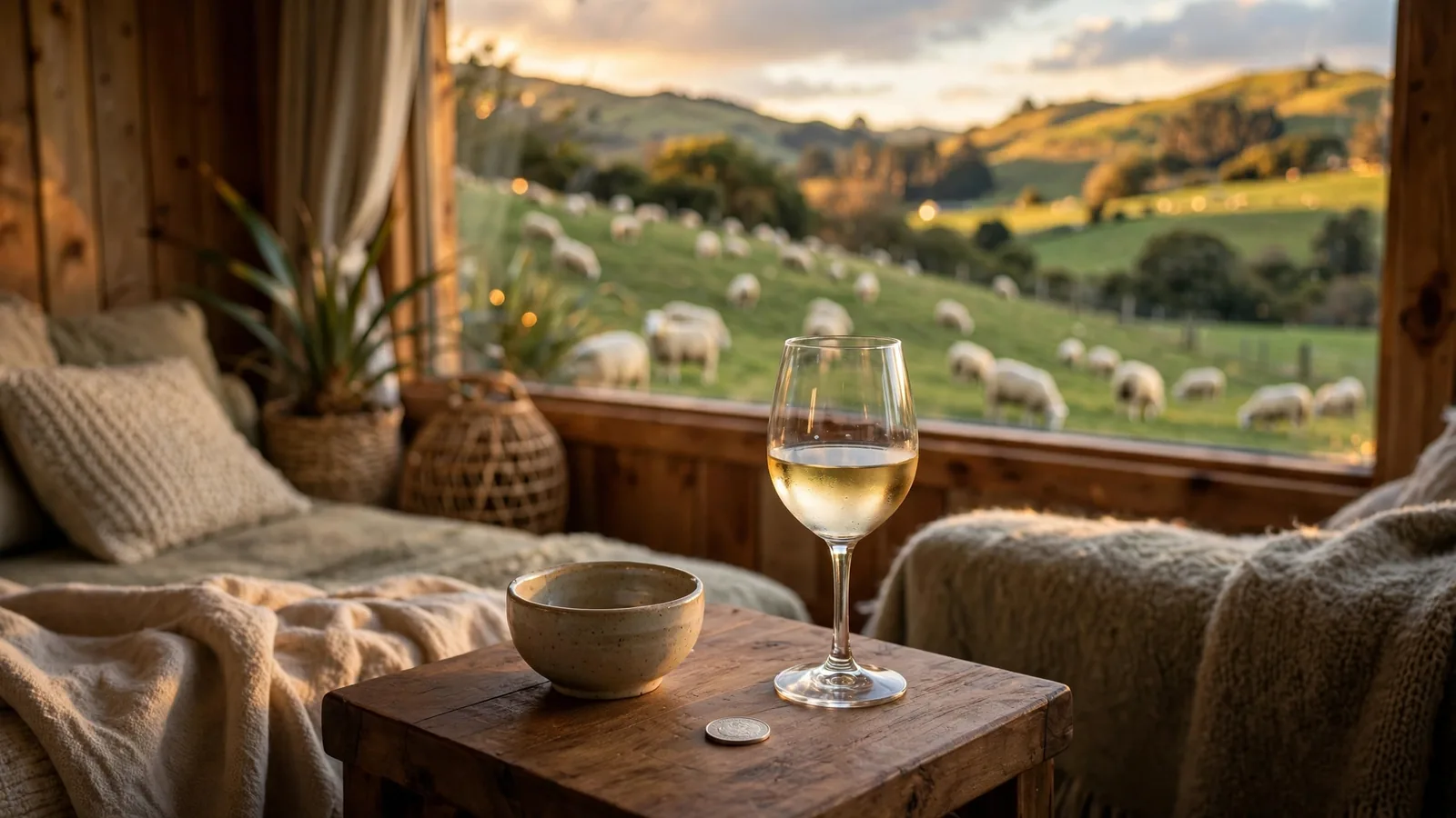Cozy New Zealand home interior with countryside view at golden hour