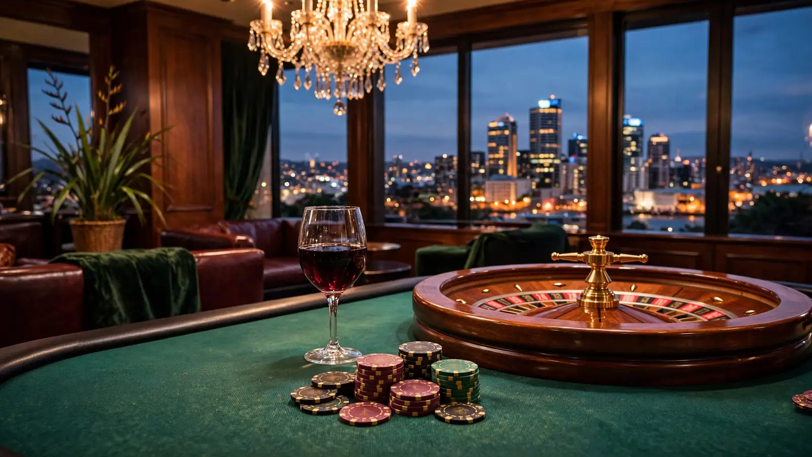 Casino chips and roulette wheel on a felt table in a New Zealand casino lounge
