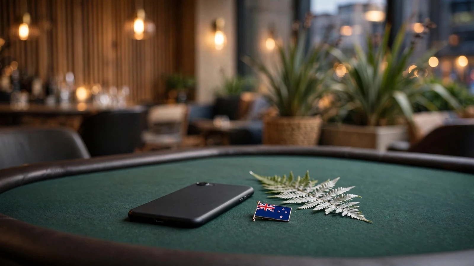 Smartphone on a blackjack table with New Zealand fern decor
