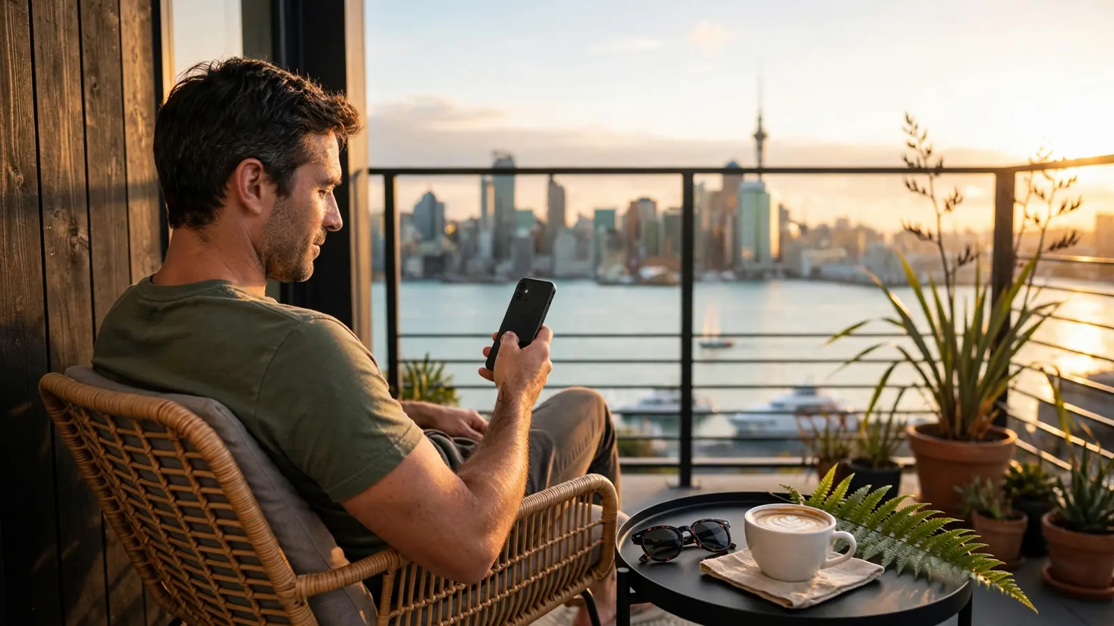 Person with smartphone at Auckland balcony overlooking waterfront skyline at sunset