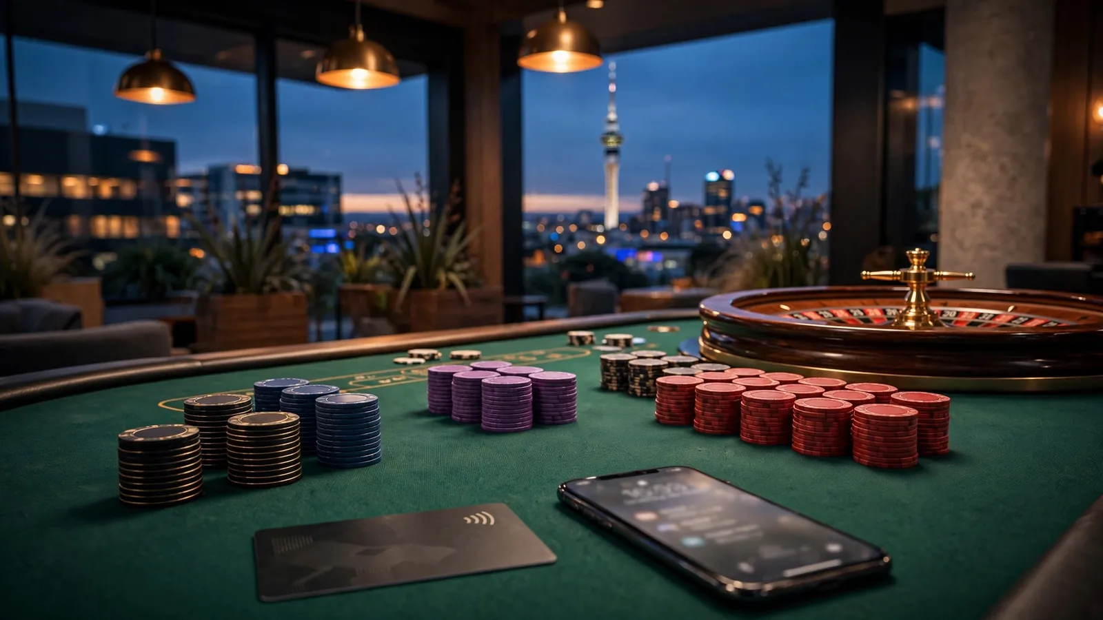 Casino table with chips, roulette, and a contactless payment card near Auckland skyline at dusk.