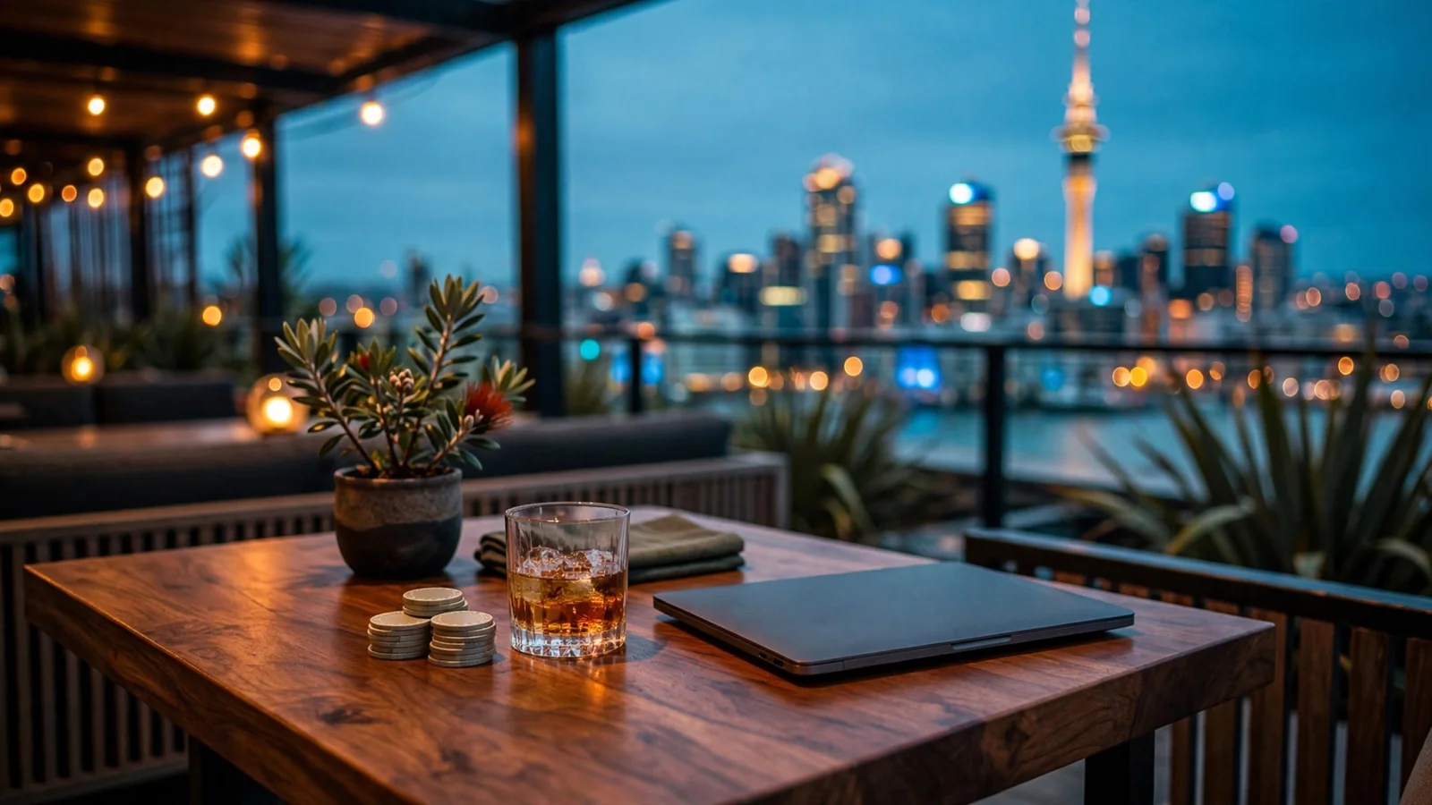 Auckland skyline at dusk with casino chips on a rooftop table
