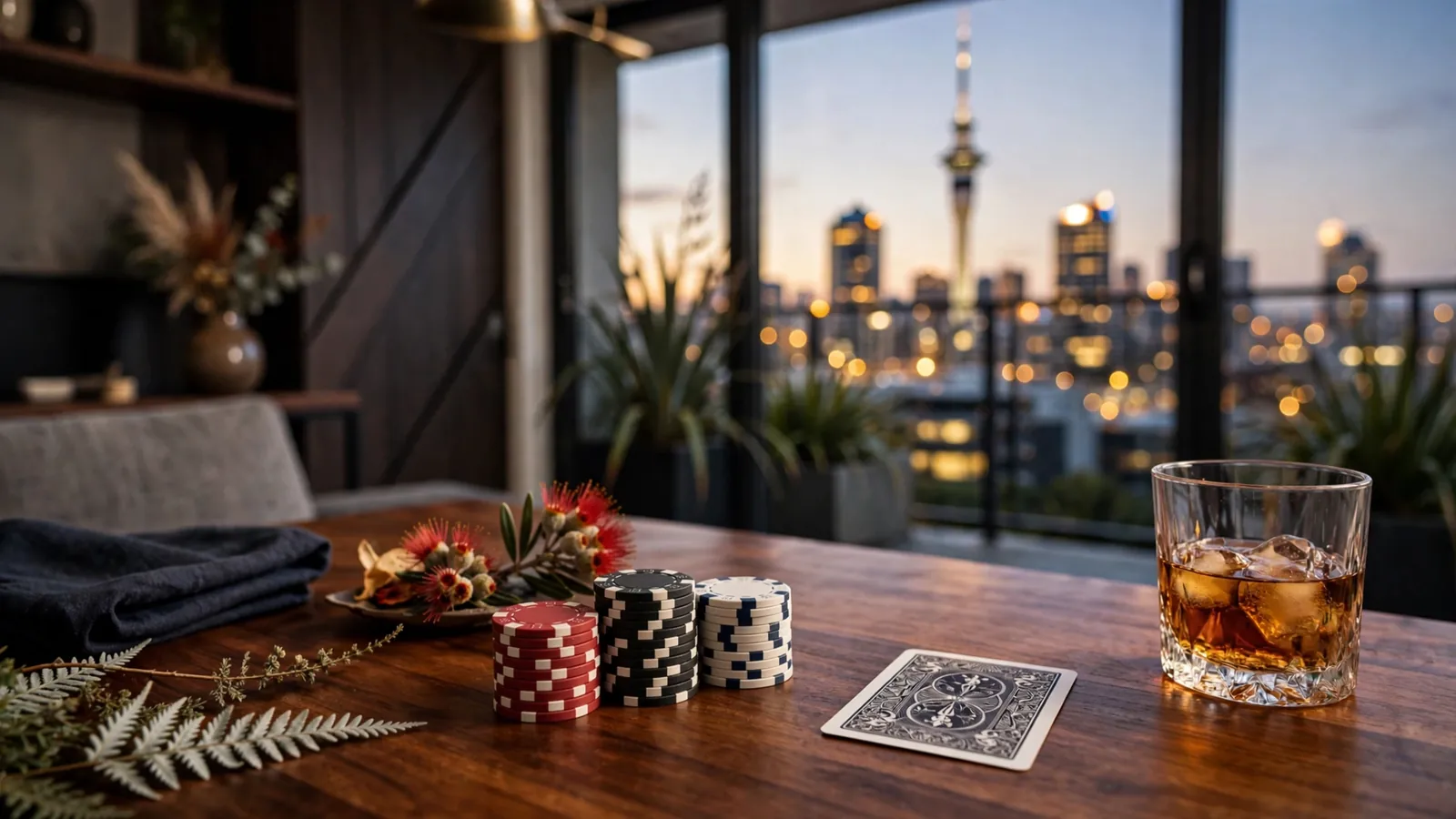 Casino chips, card, and whiskey glass on a table with New Zealand city skyline at dusk