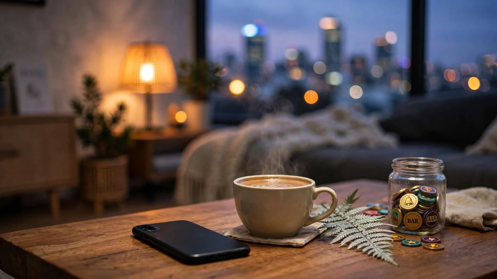 Smartphone on a coffee table with New Zealand flat white and silver fern