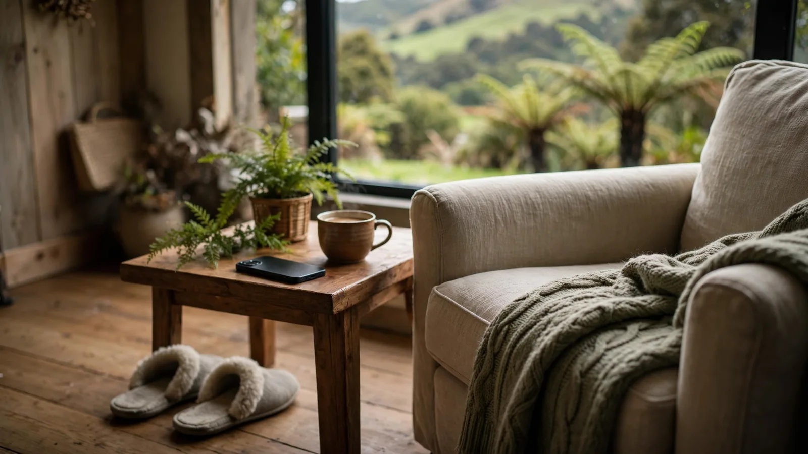 Cozy New Zealand lounge with armchair, coffee, and face-down phone