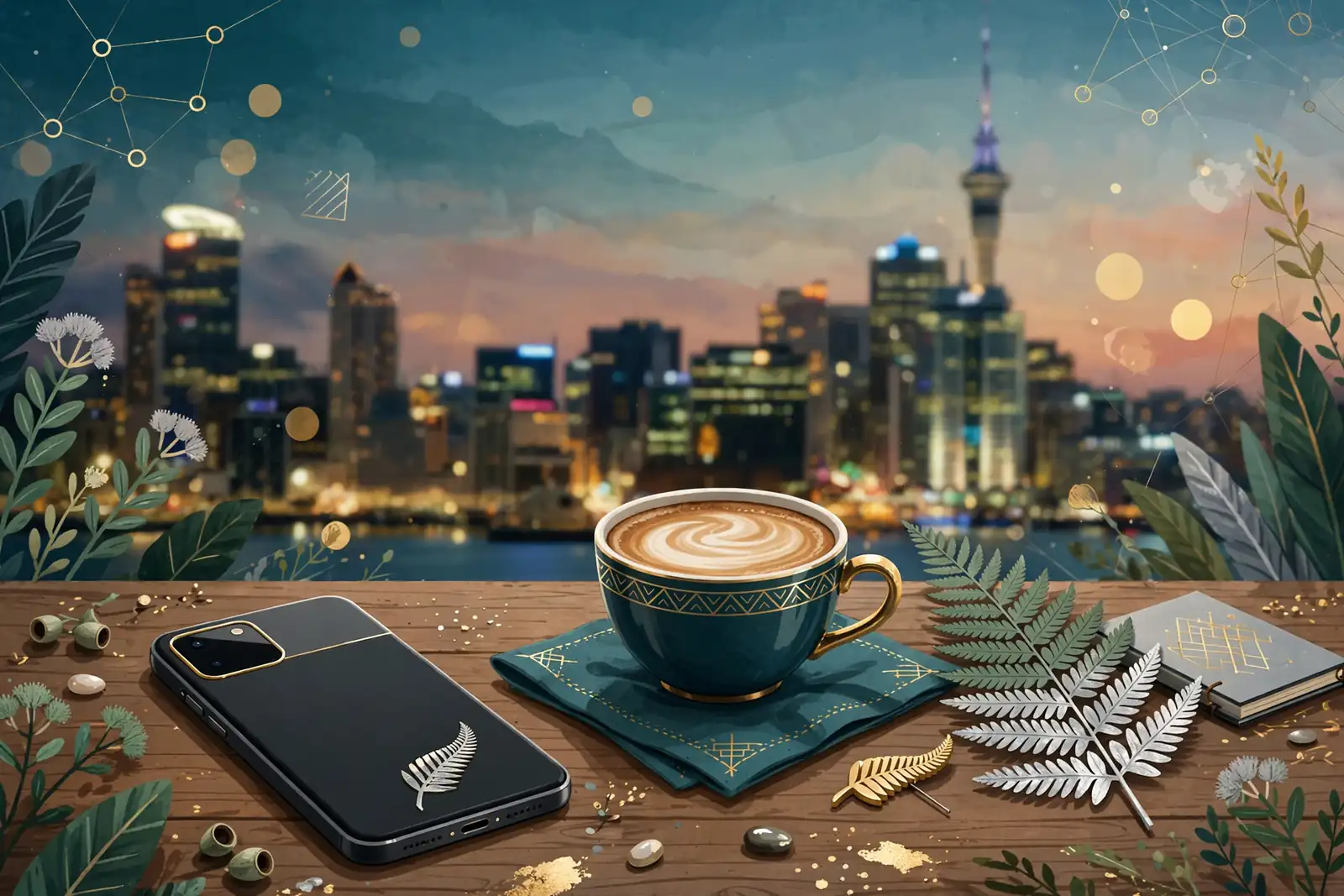 Stylized smartphone on table with New Zealand fern and Auckland skyline backdrop