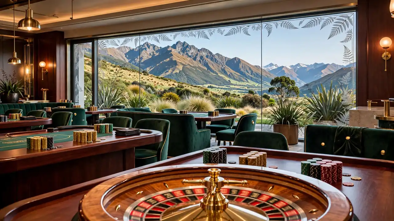 Elegant casino lounge with chips and roulette wheel overlooking New Zealand mountains