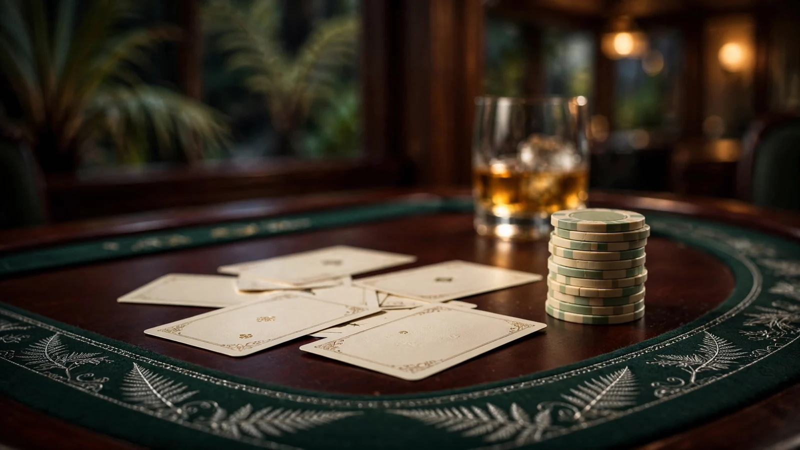 Baccarat cards and chips on a dark casino table with a whisky glass, soft warm lighting