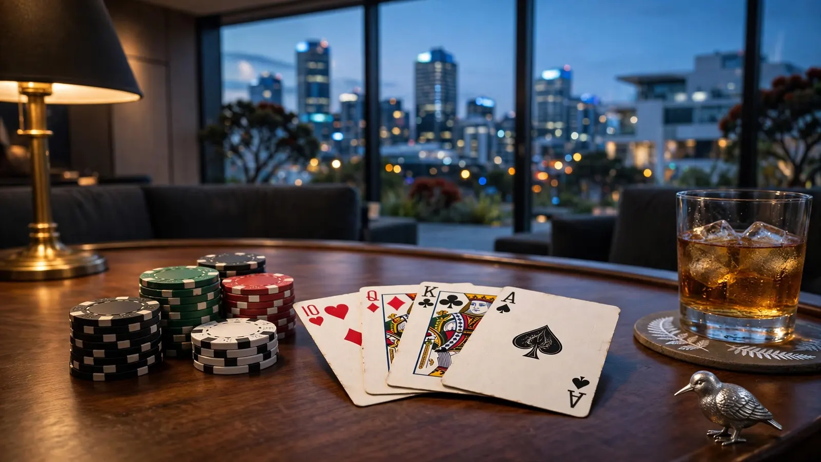 Elegant Auckland blackjack table with chips, cards and city skyline at dusk