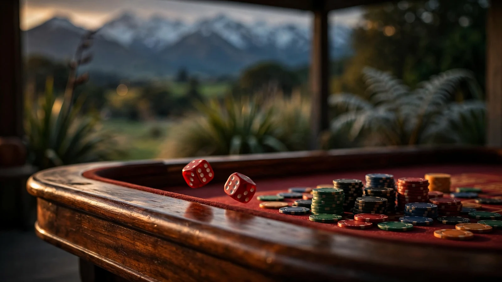 Red dice rolling on a craps table with chips and a New Zealand mountain backdrop