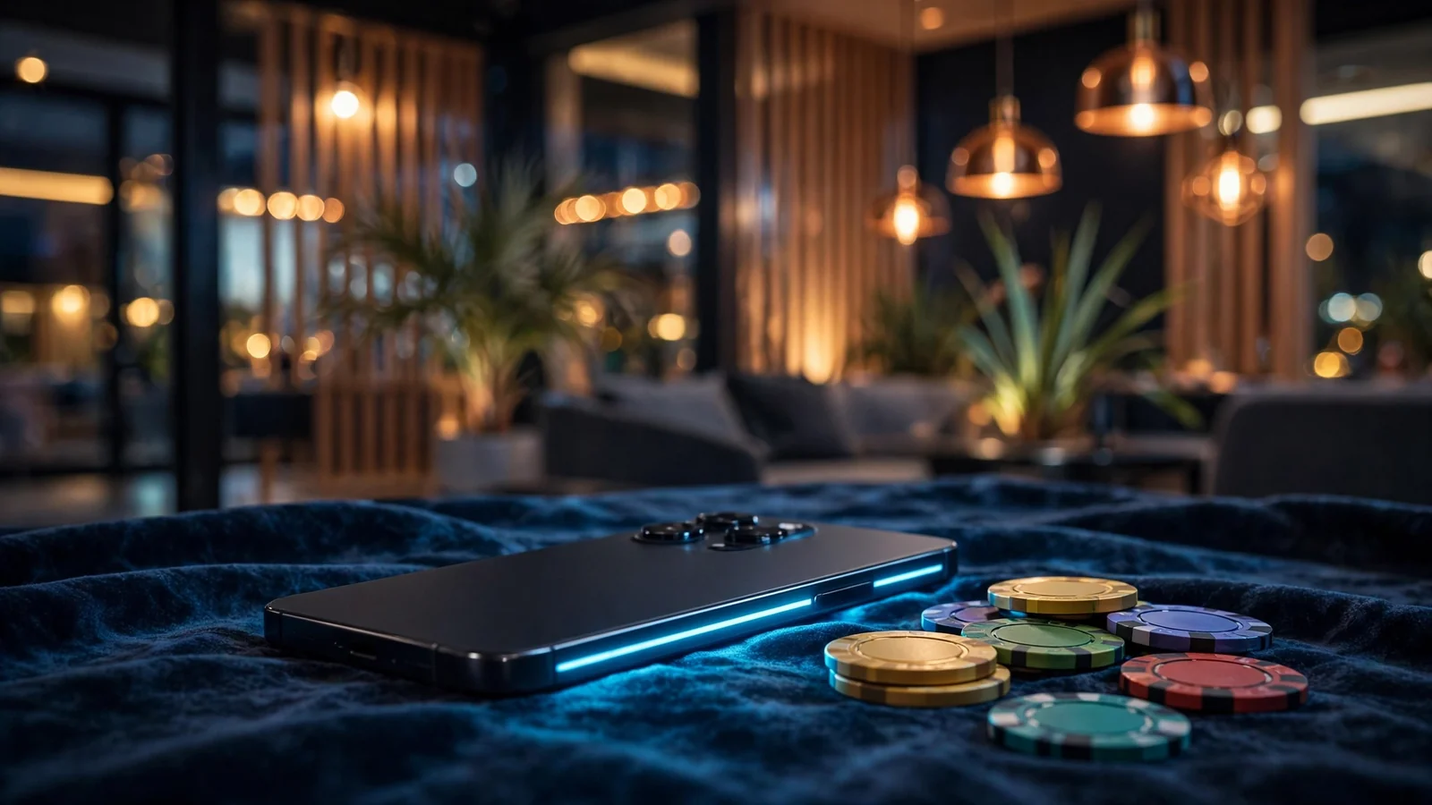 Smartphone with casino chips on velvet surface, online gaming atmosphere