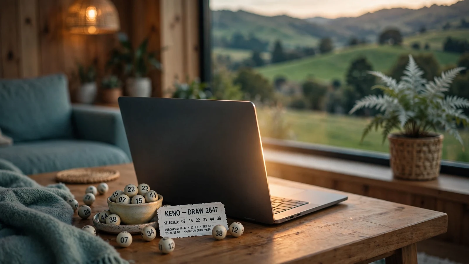 Laptop on table with physical keno number balls and ticket, New Zealand hills outside window