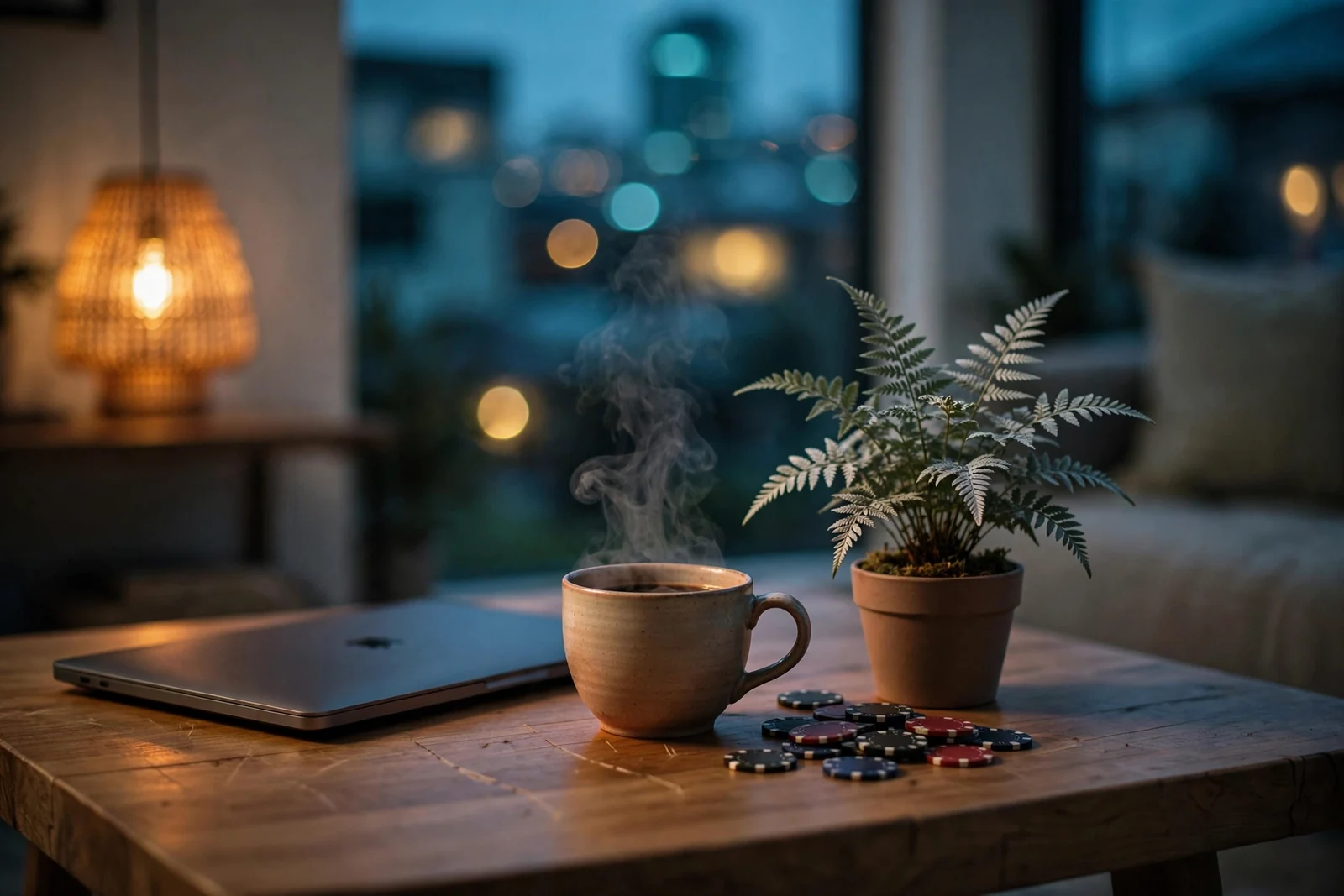 Closed laptop, coffee, poker chips, and silver fern on a table in a New Zealand home