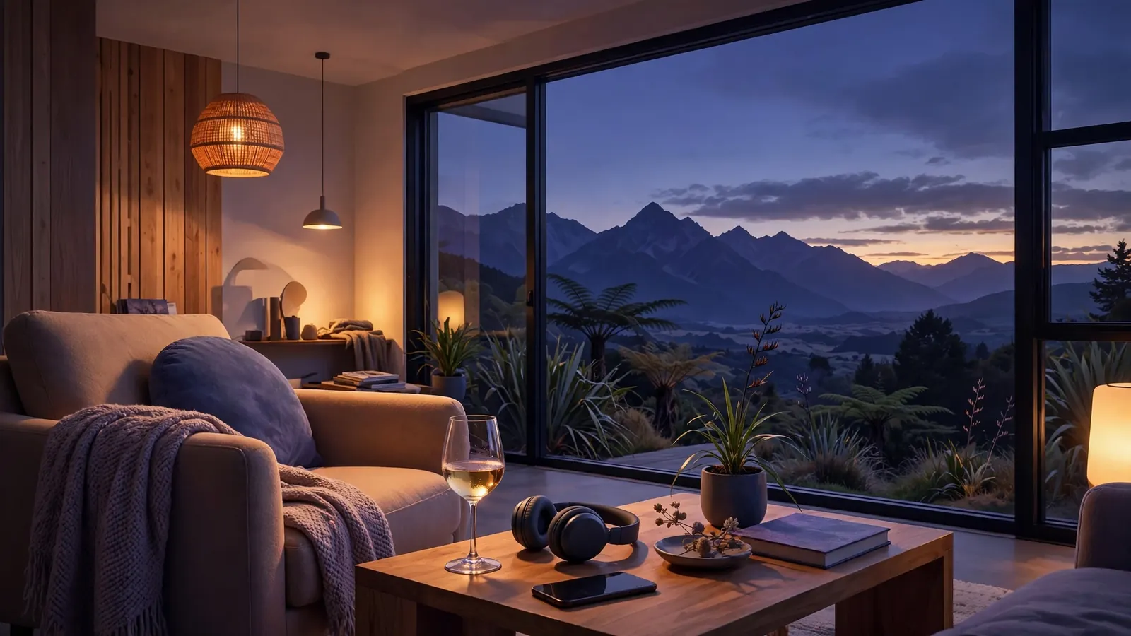 Cozy New Zealand lounge at dusk with armchair, smartphone, and mountain view