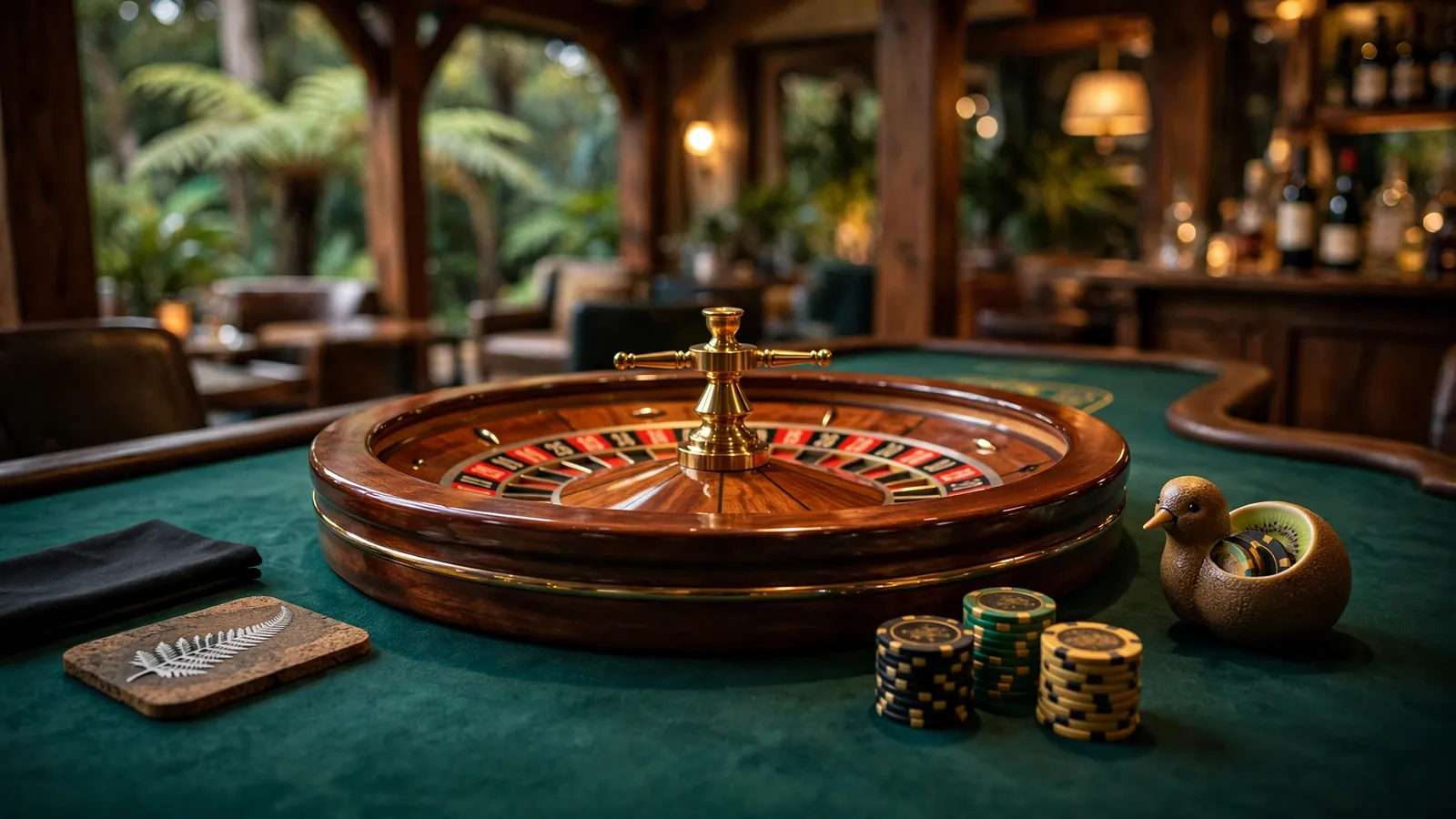Elegant roulette wheel with chips on green felt, subtle New Zealand touches