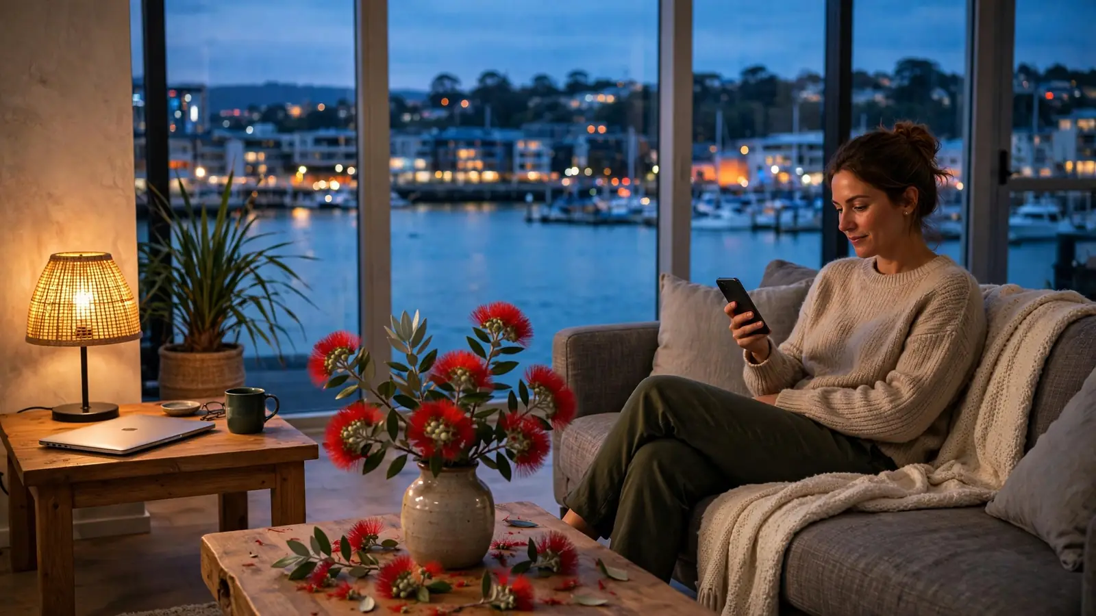 Person relaxing in Auckland apartment at dusk holding smartphone, harbor view
