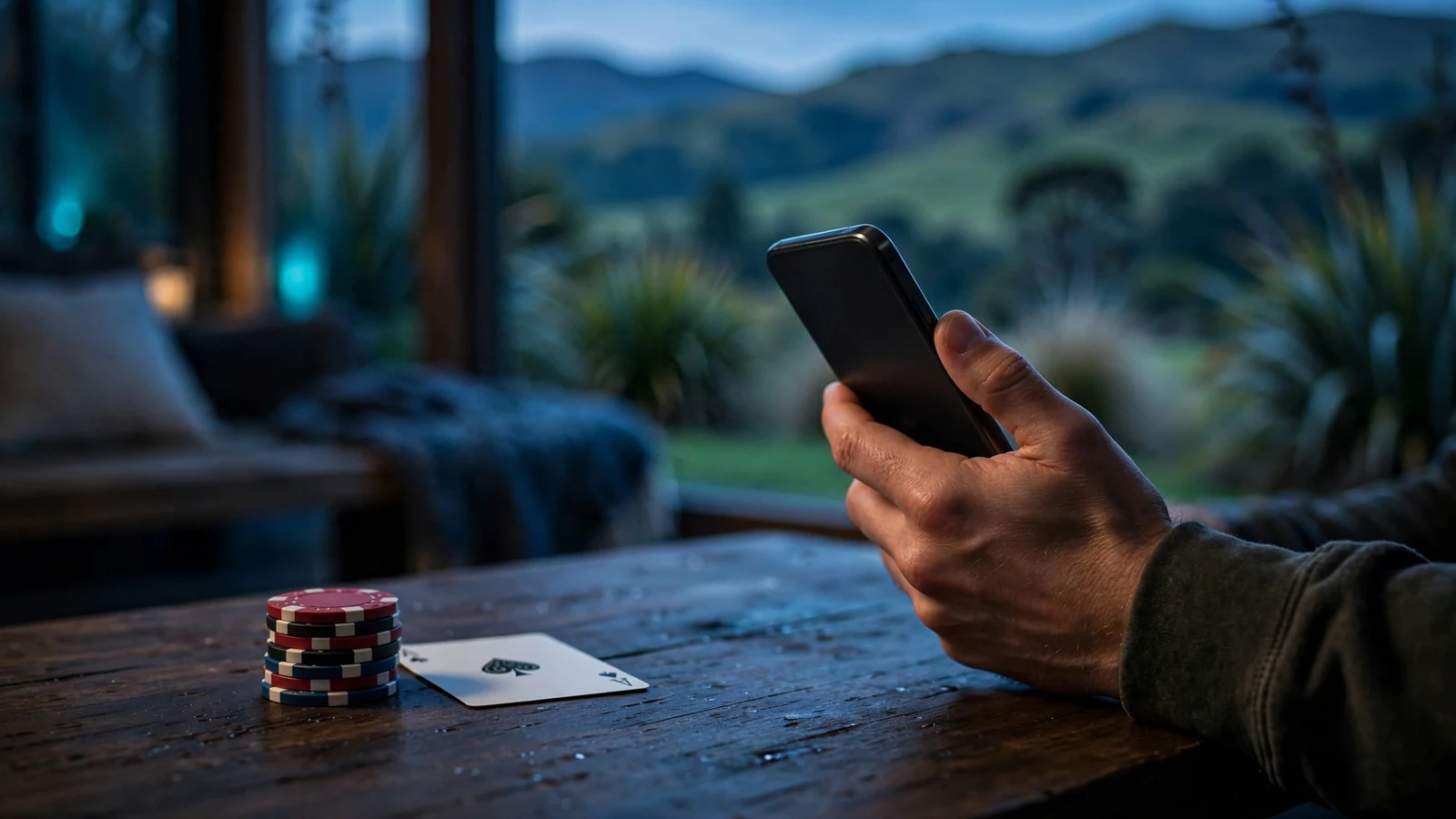 Smartphone on table with casino chips, New Zealand evening ambiance