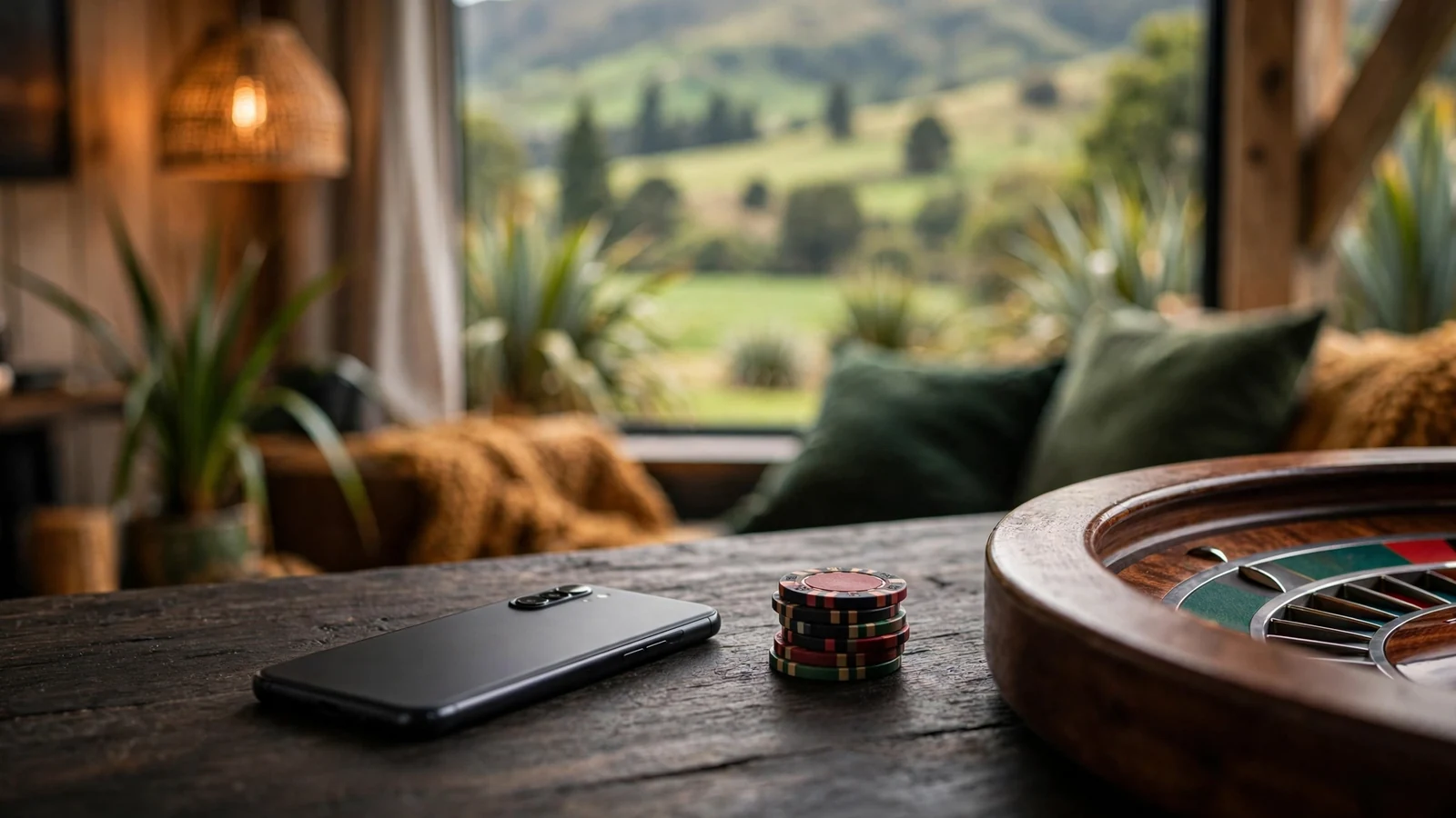 Smartphone beside casino chips and roulette wheel in a New Zealand home setting