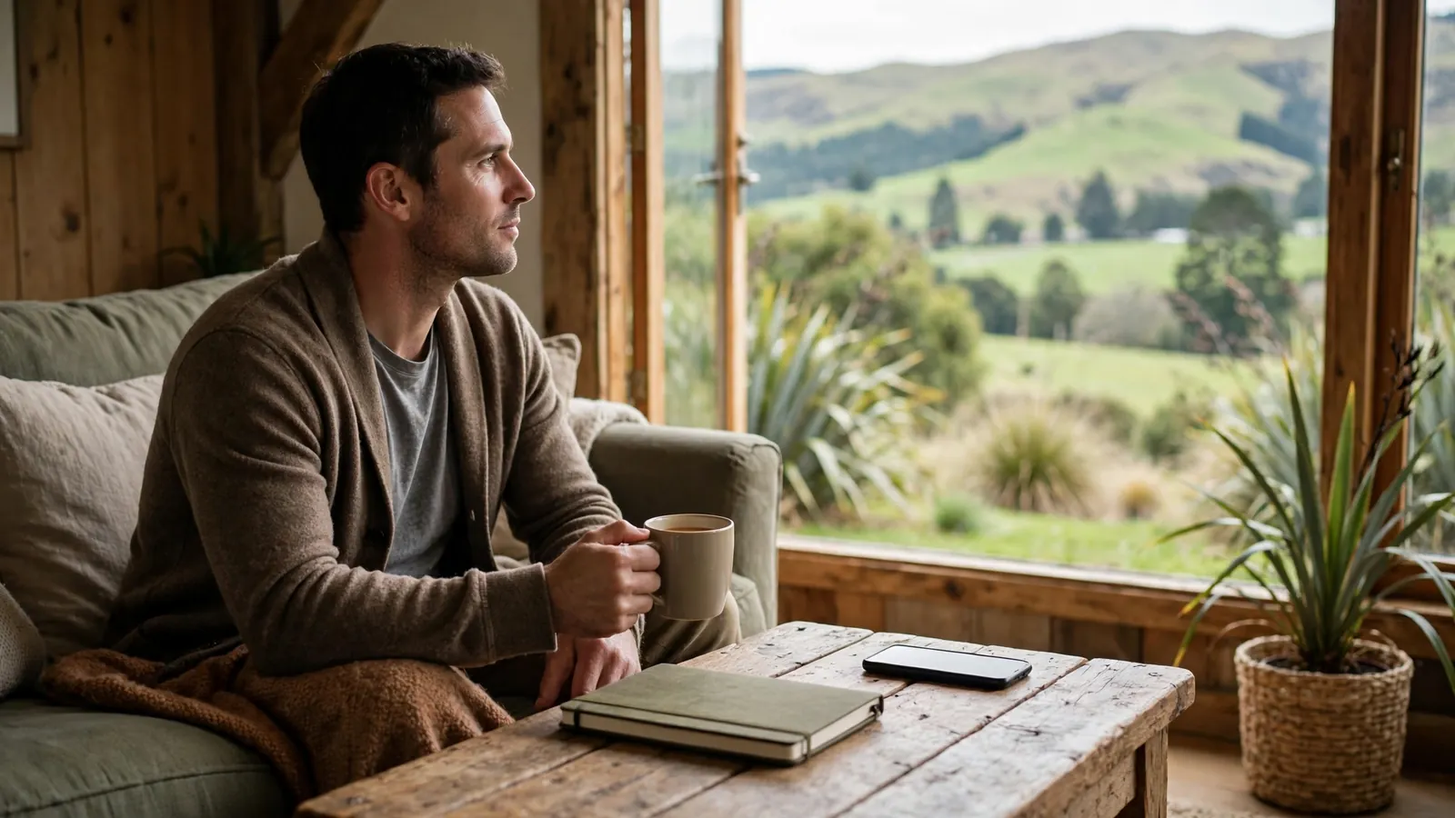 Person reflecting peacefully at home in New Zealand, phone set aside, showing responsible gambling mindset.