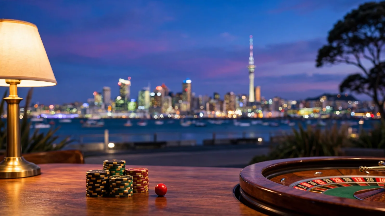 Auckland Skyline at twilight with casino chips and a roulette wheel on a table.