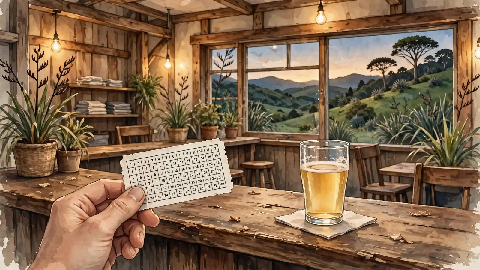 Hand holding a Keno ticket on a wooden bar in a New Zealand pub at dusk