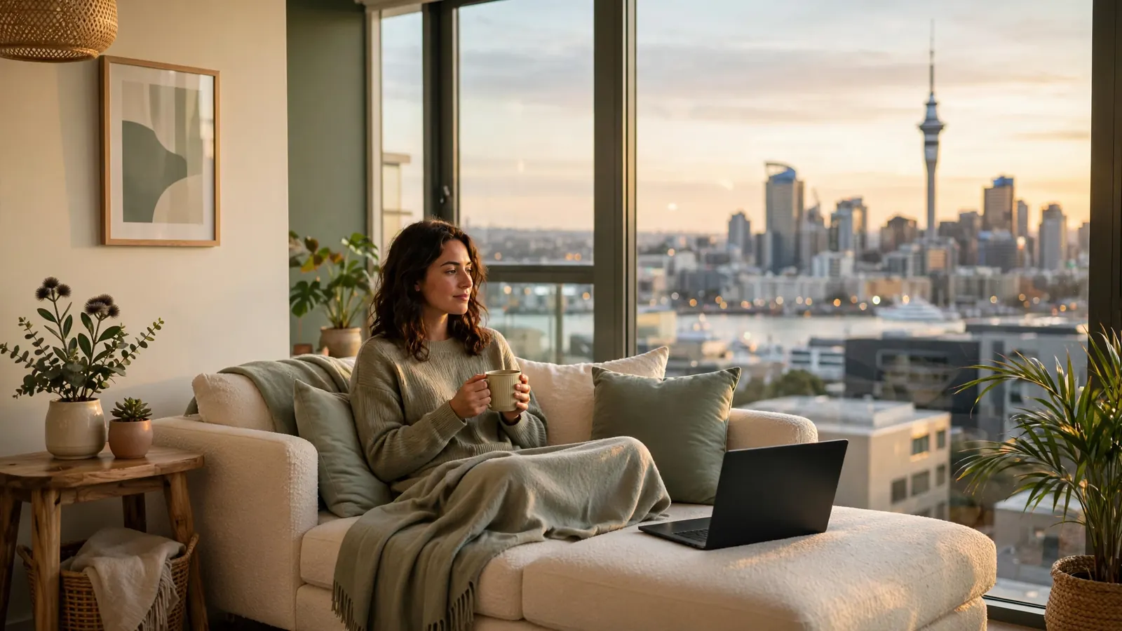 Young adult relaxing on sofa with closed laptop, Auckland skyline view at sunset