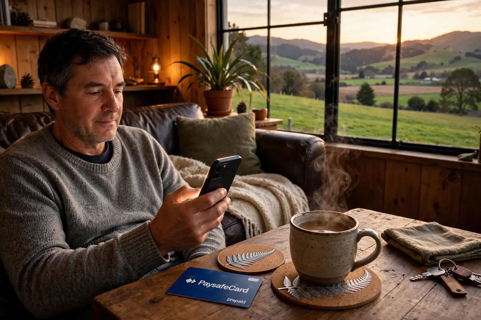 New Zealand player relaxing with smartphone and Paysafe card in cozy lounge