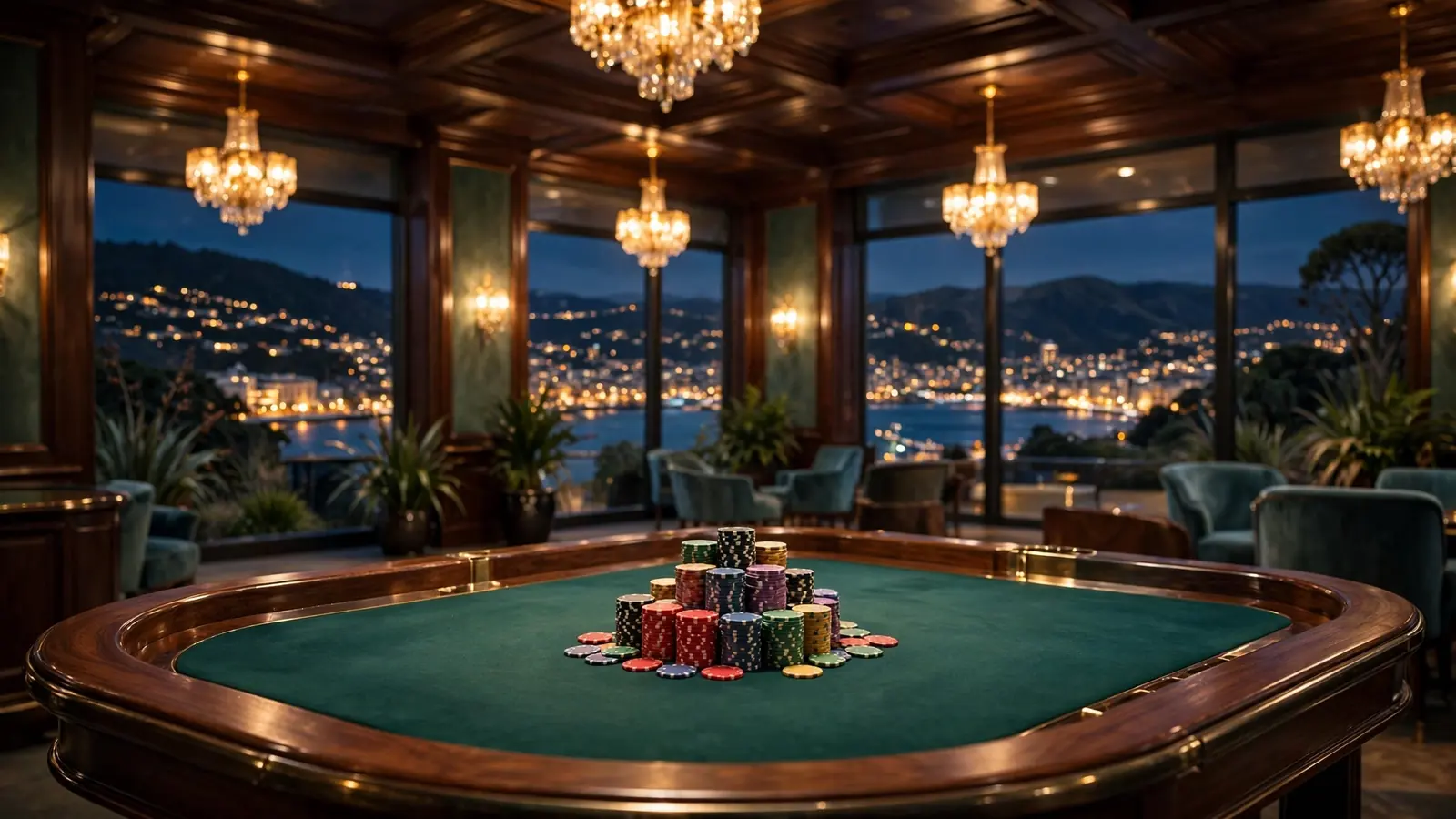Elegant casino roulette table with chips, warm golden lighting, New Zealand cityscape at night
