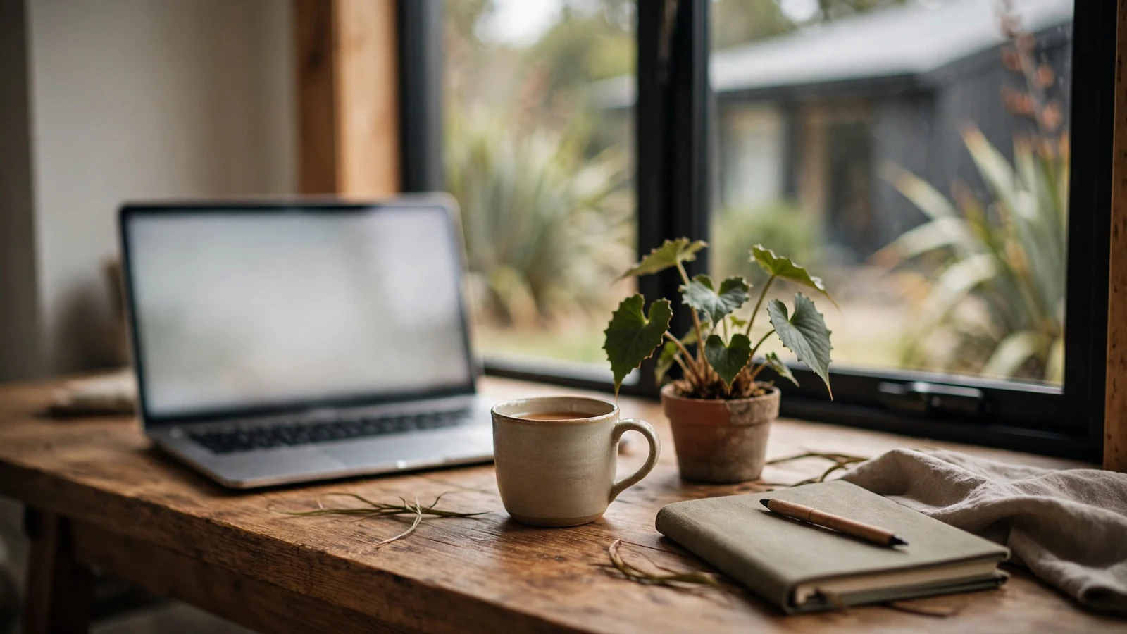 Calm home desk scene with laptop, tea, and notebook in New Zealand interior