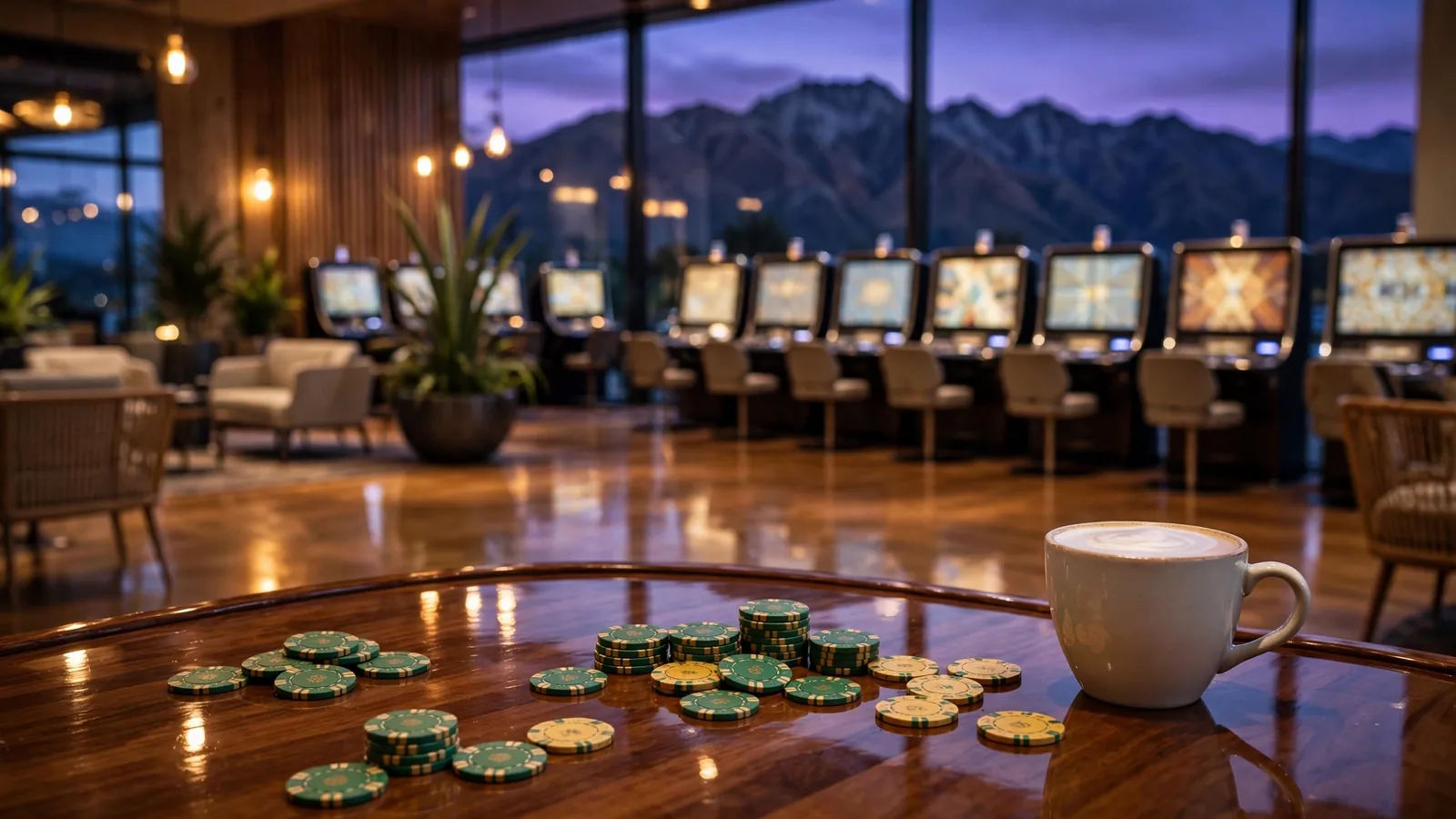 Stylish New Zealand casino lounge with pokie machines, chips, and mountain view at dusk