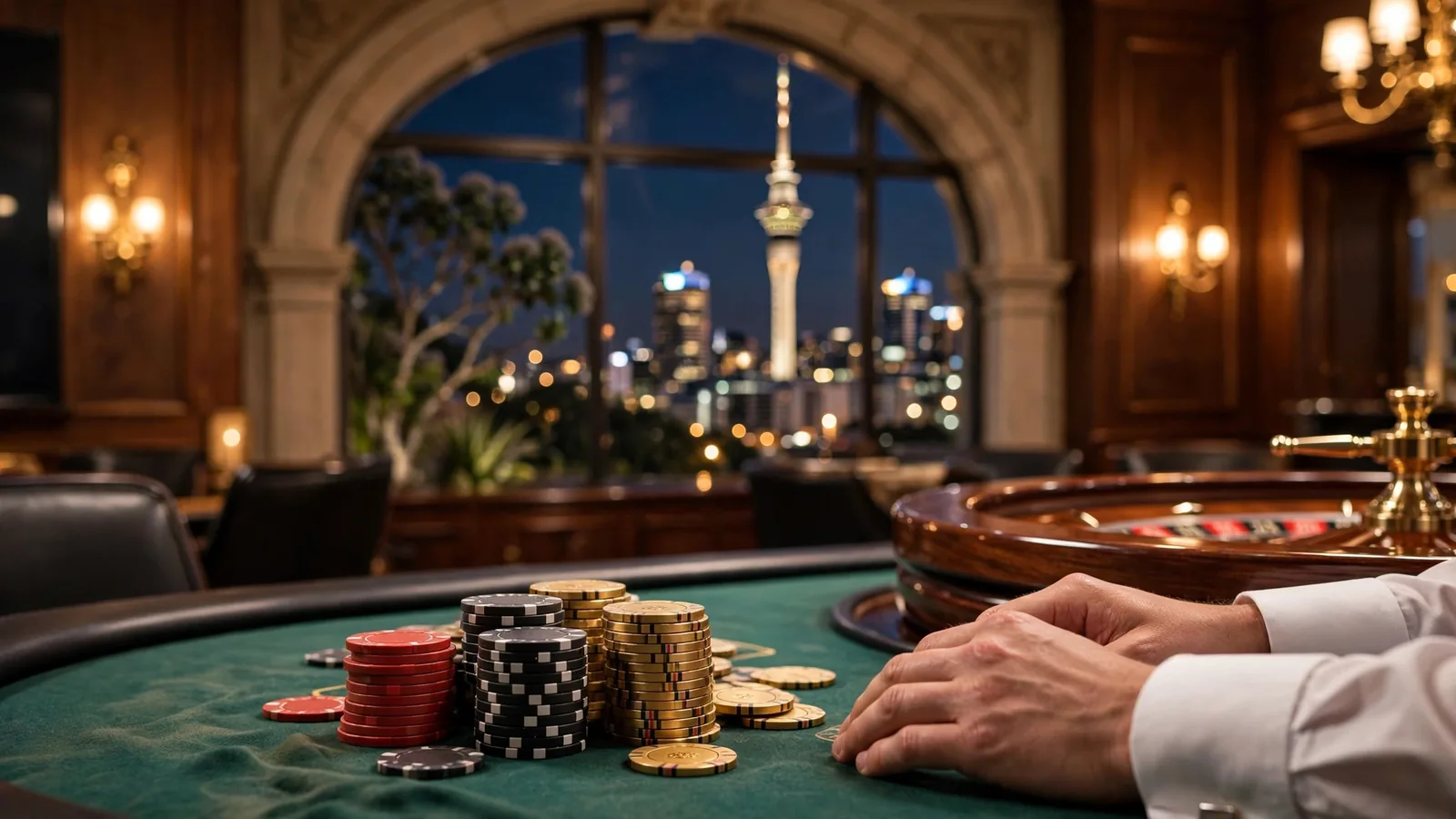 Luxury casino table with chips and roulette wheel, Auckland Sky Tower at night through window