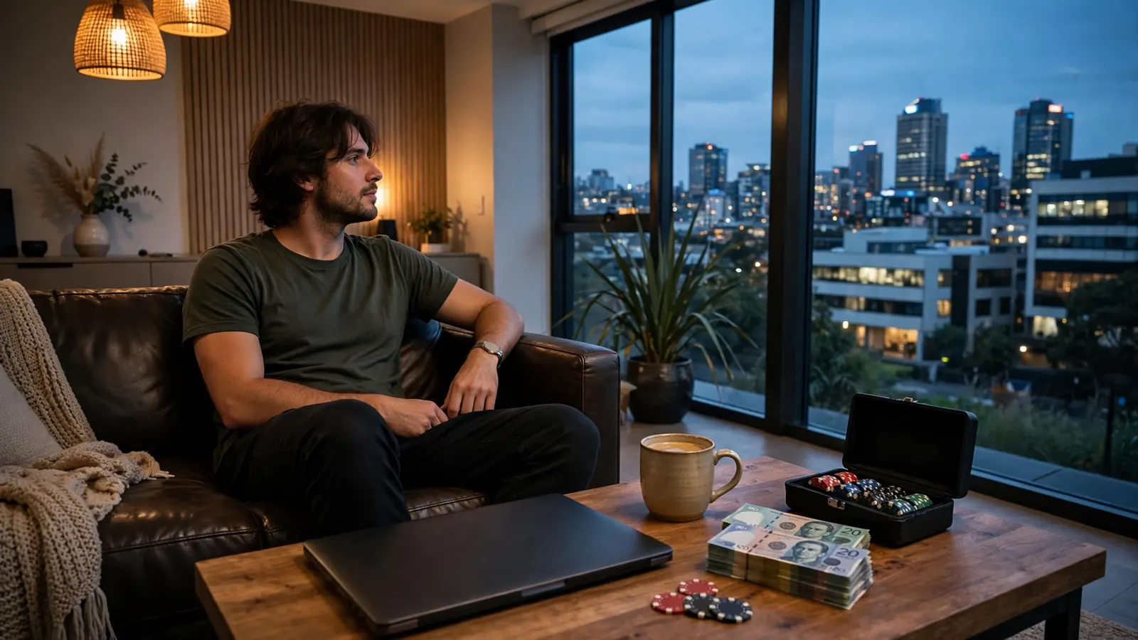 Person relaxing at home with closed laptop, poker chips and New Zealand dollars on table