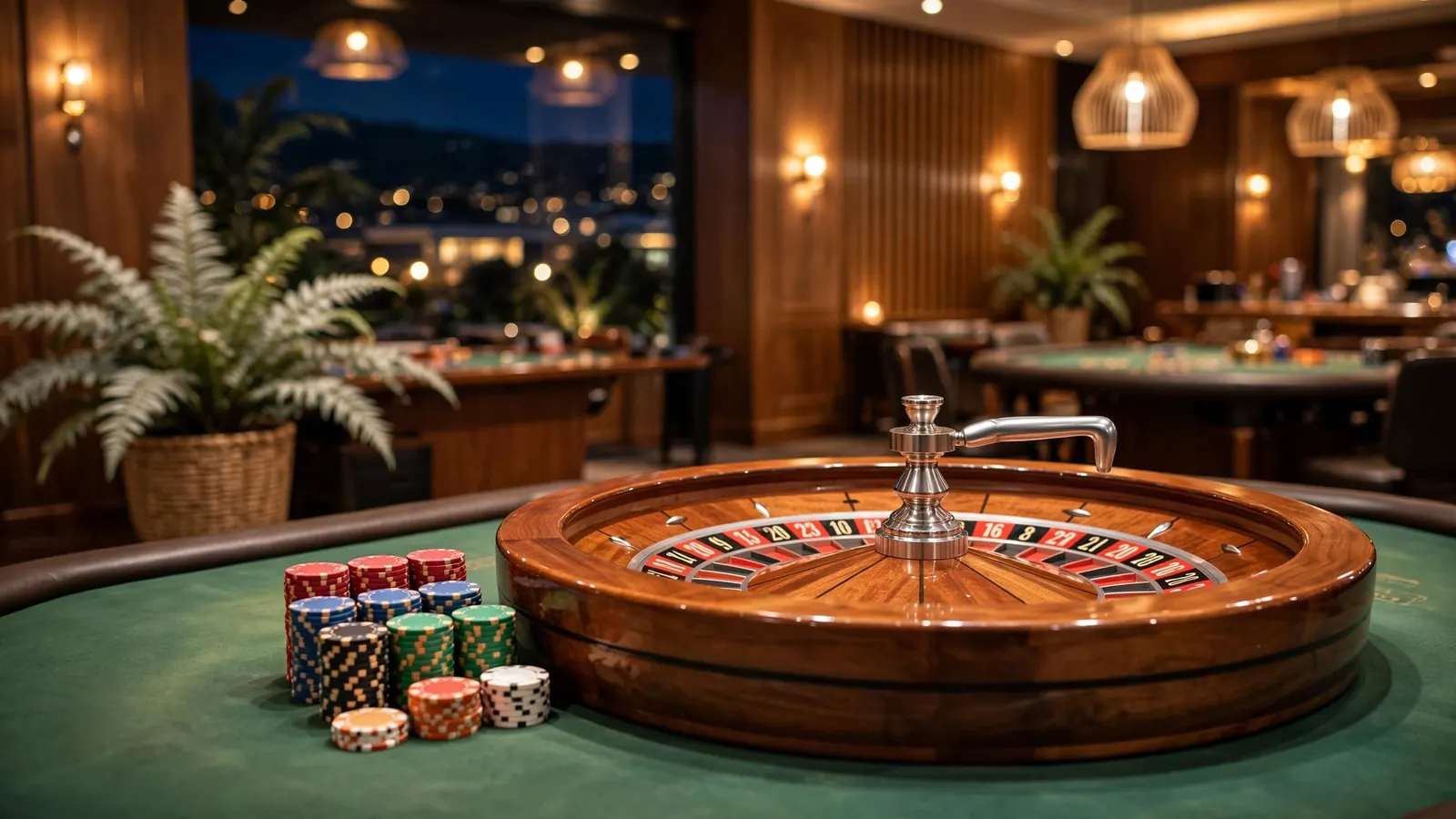 Roulette wheel and casino chips on green felt table