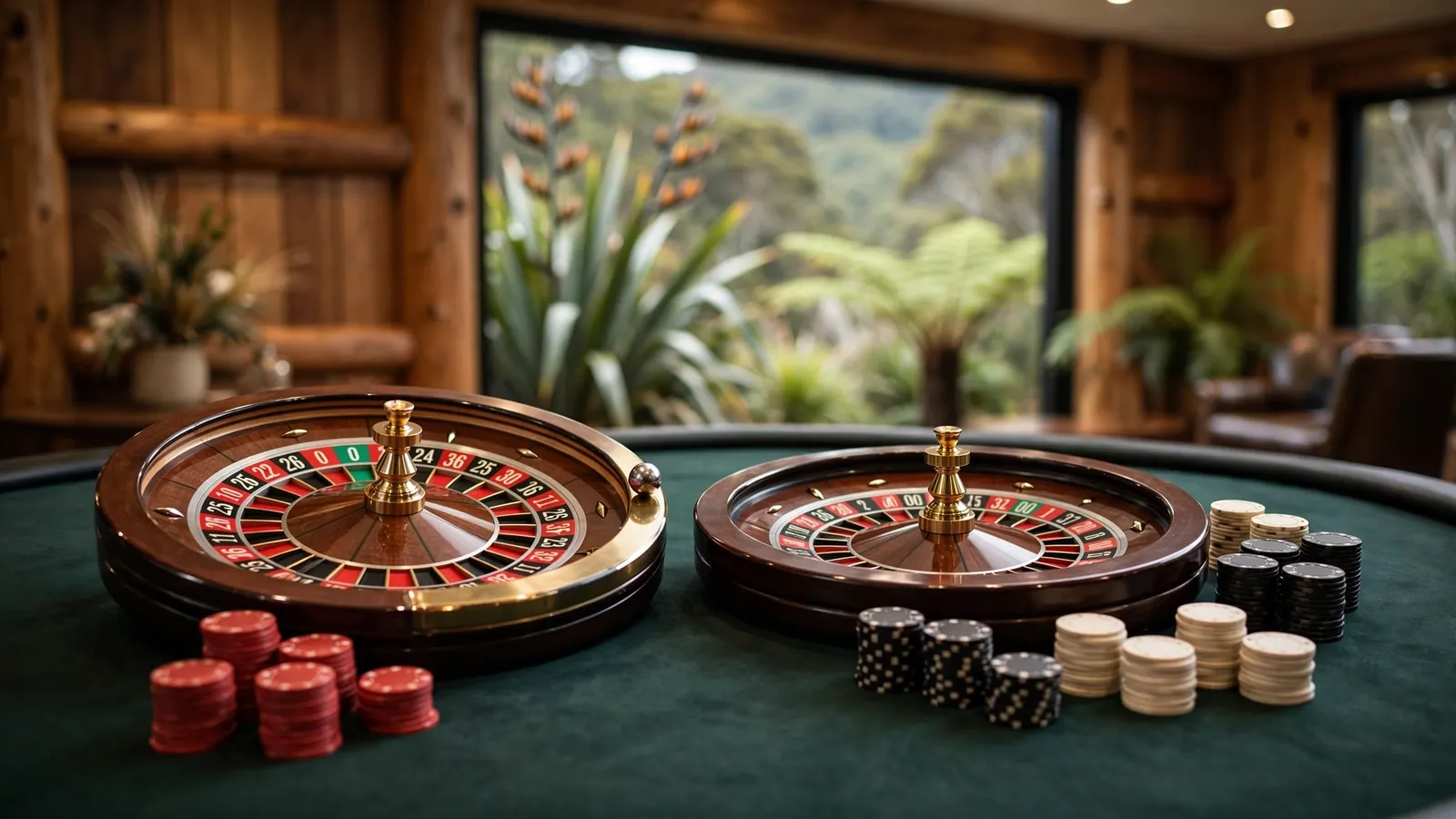 Two roulette wheels on a green casino table with colorful chips