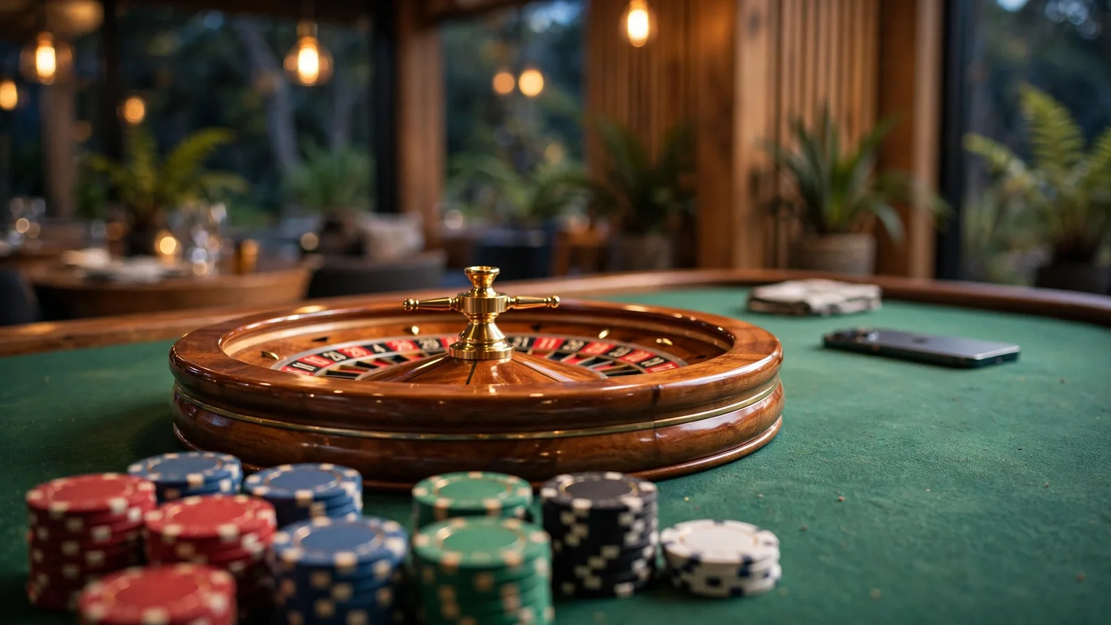 Roulette wheel with casino chips on a green table, smartphone face-down nearby.