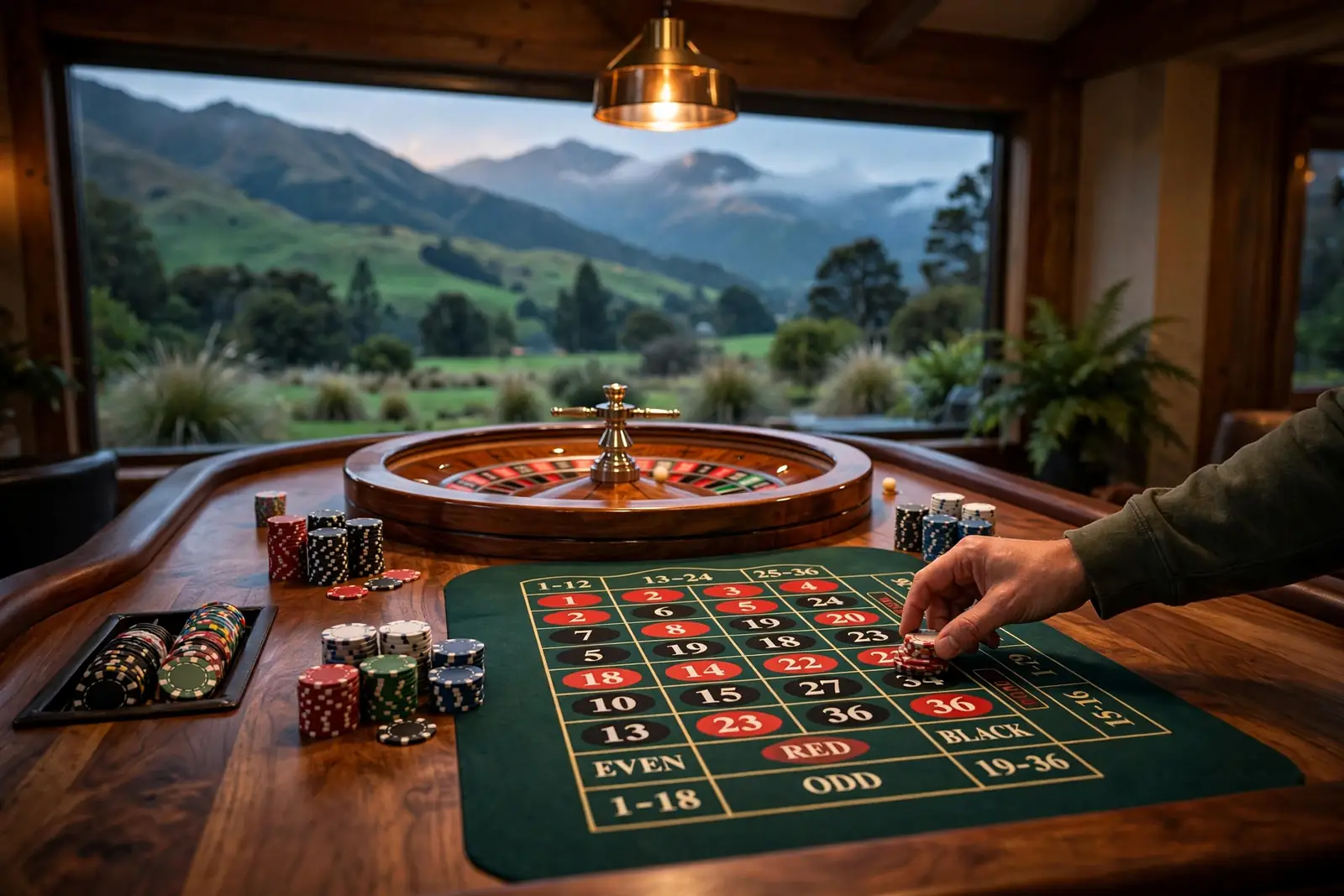Roulette table with chips and New Zealand mountain view in background