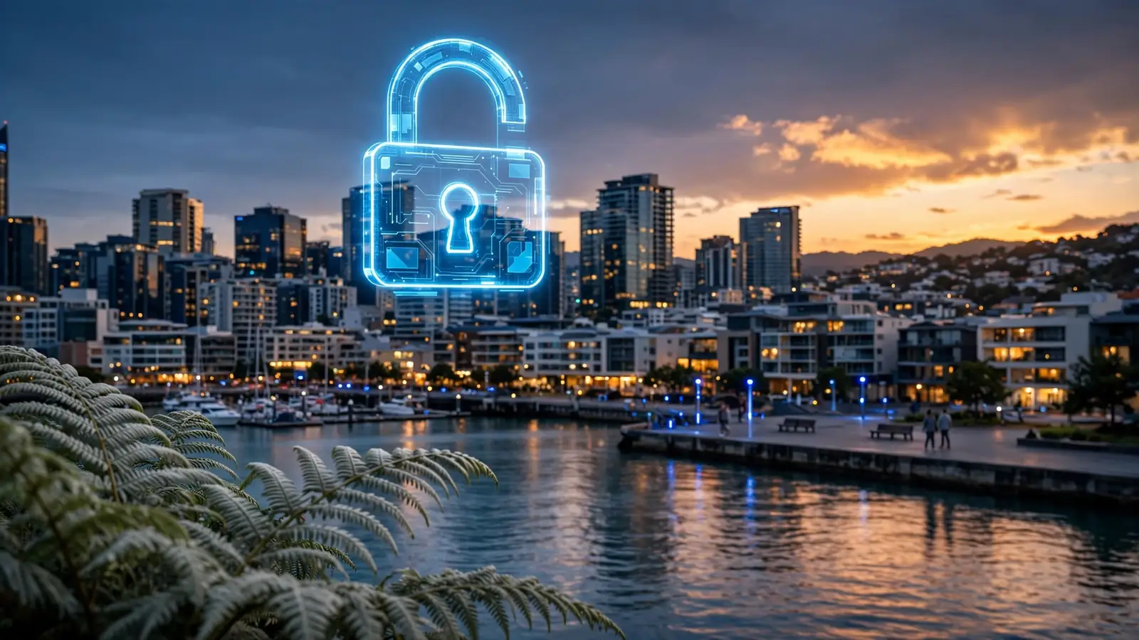 New Zealand skyline at dusk and a glowing padlock symbolising online casino security