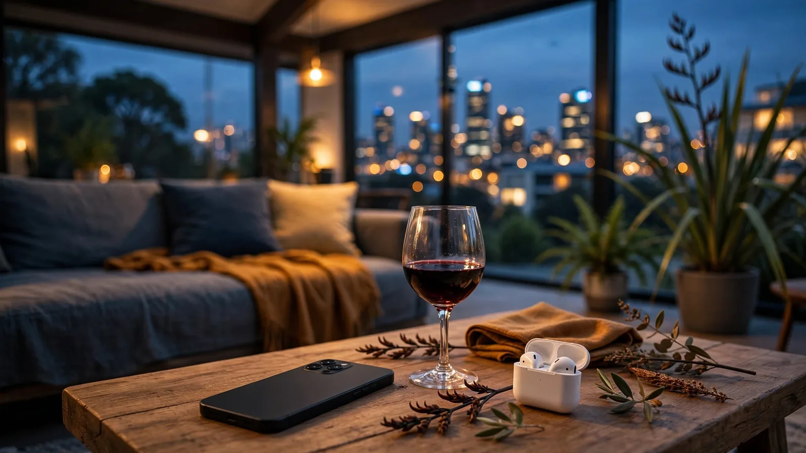Smartphone on a table in a modern New Zealand apartment at twilight
