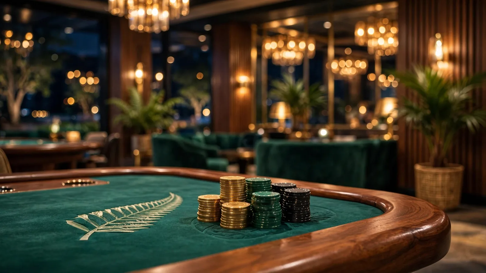 Stylish casino lounge interior with chips and subtle New Zealand silver fern motif