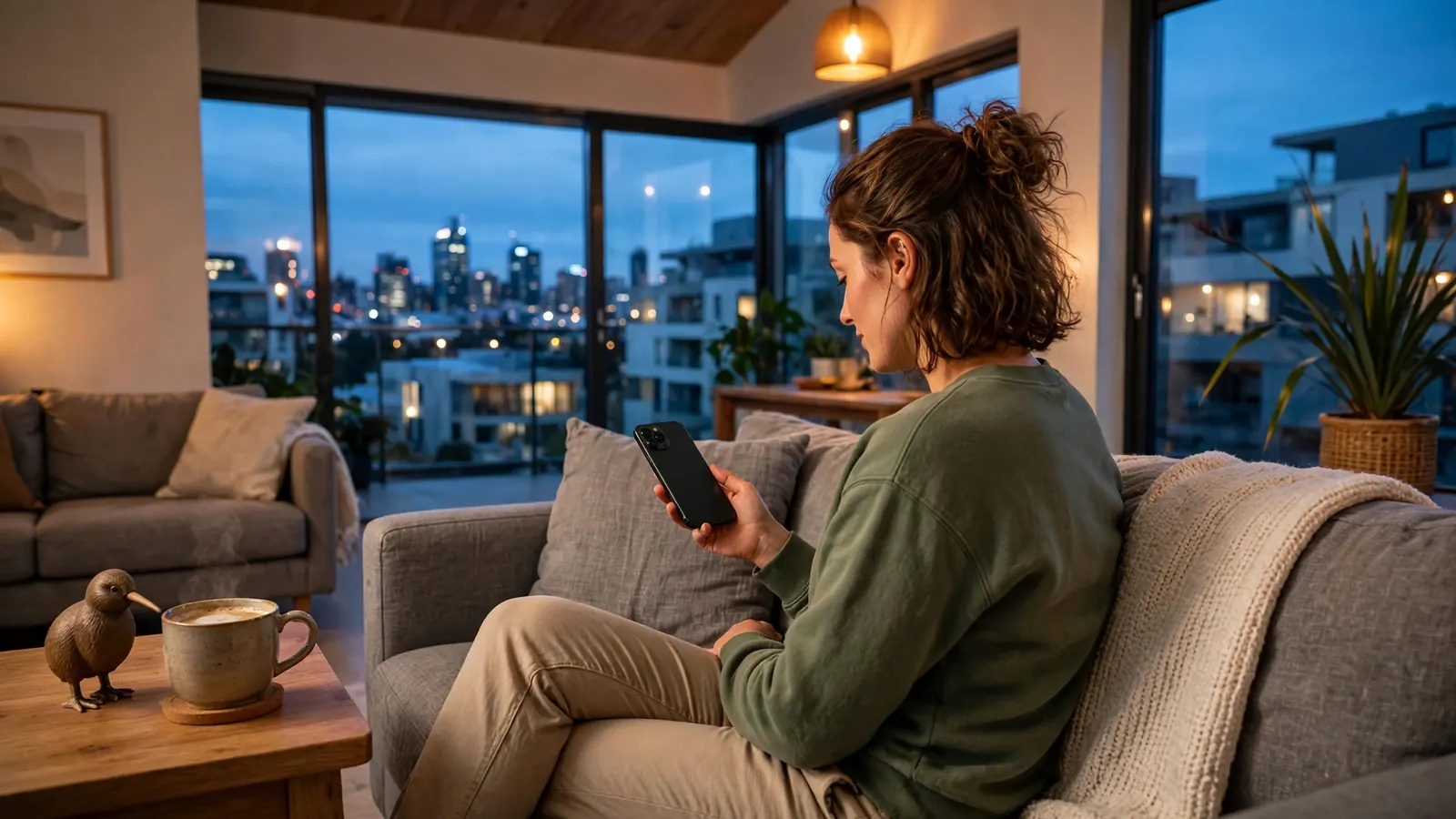 Young adult relaxing on sofa with smartphone in modern New Zealand apartment at dusk